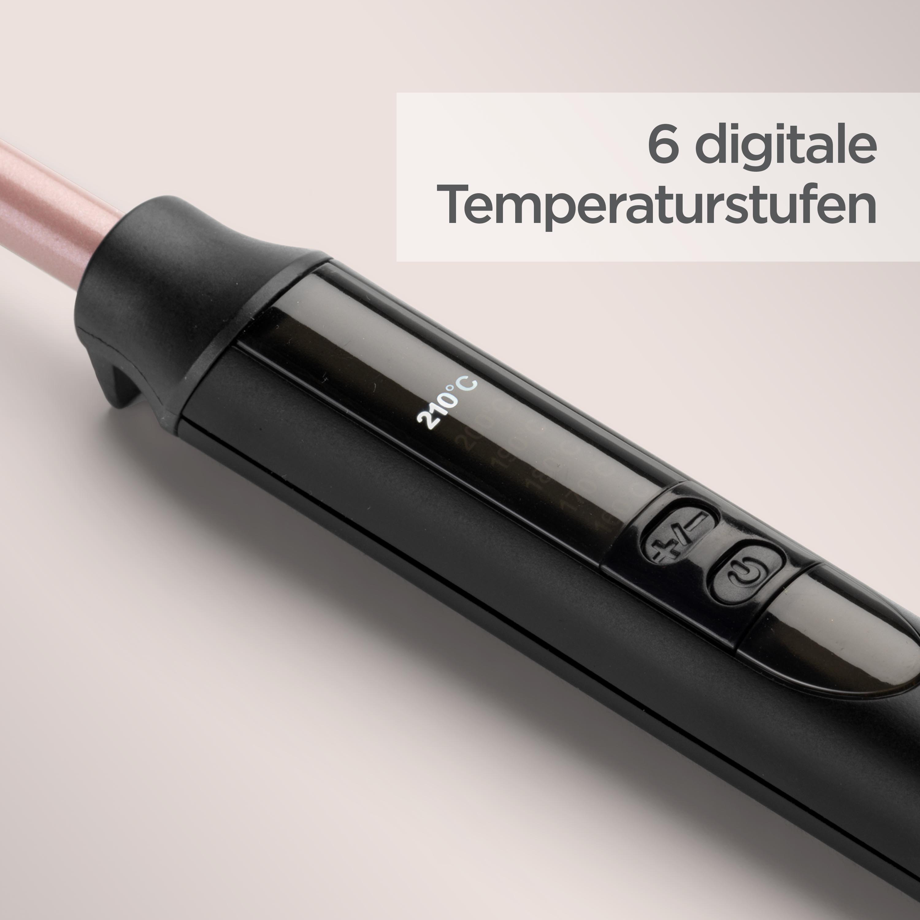 Nahaufnahme eines schwarzen Lockenstabes mit einem roségoldenen Heizelement. Das Display zeigt 210°C. Text oben: '6 digitale Temperaturstufen'.