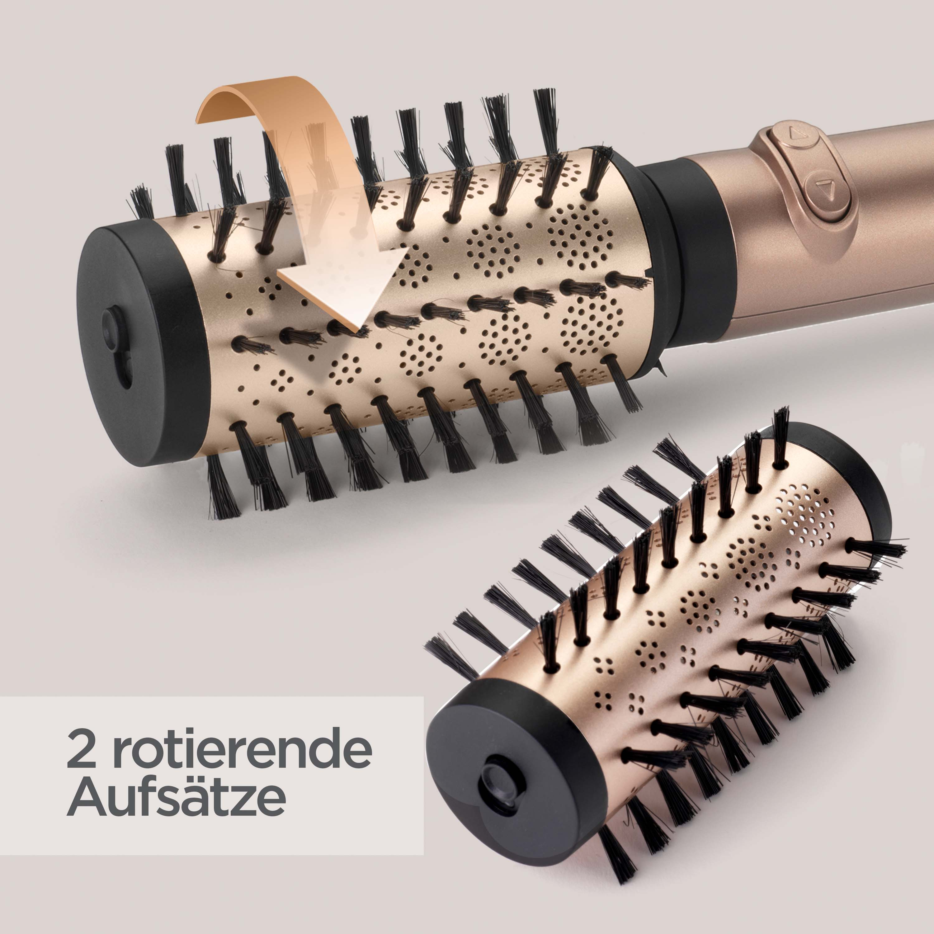 Ein elektrischer Haarstyler mit zwei rotierenden Bürstenköpfen. Ein goldener Pfeil zeigt die Richtung. Text: 2 rotierende Aufsätze.