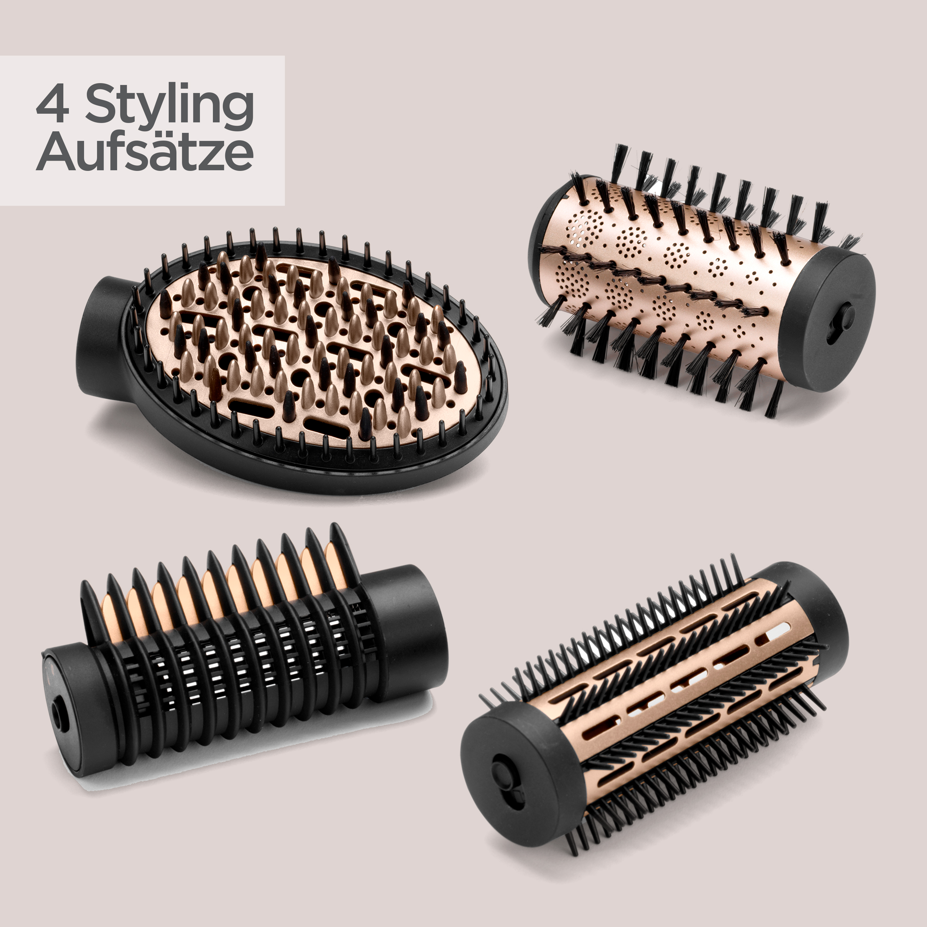 Vier Haarstyling-Aufsätze, schwarz und kupferfarben, vor hellgrauem Hintergrund, mit Text '4 Styling Aufsätze'.
