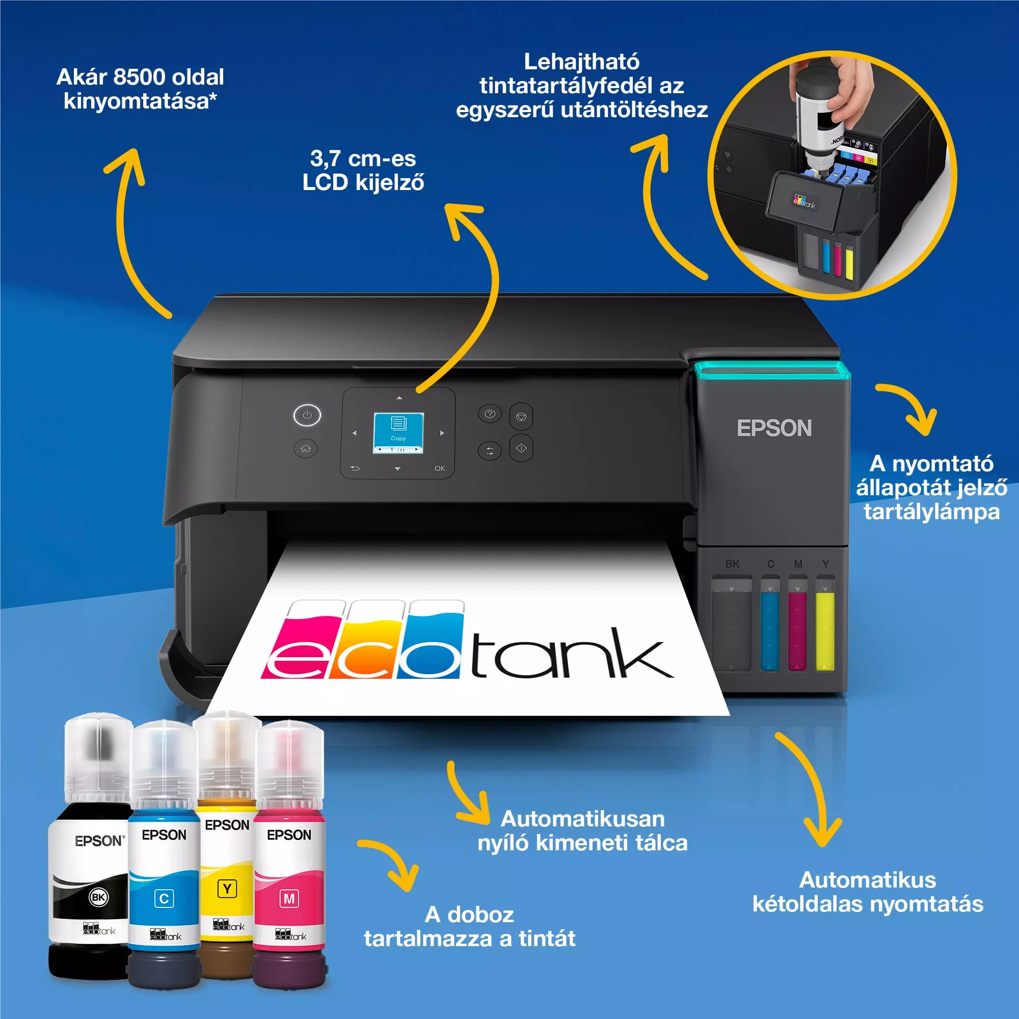 Epson EcoTank nyomtató tintapalackokkal. Jellemzői: LCD, automatikus tálca és kétoldalas nyomtatás. A tintaszínek: fekete, cián, sárga, magenta.