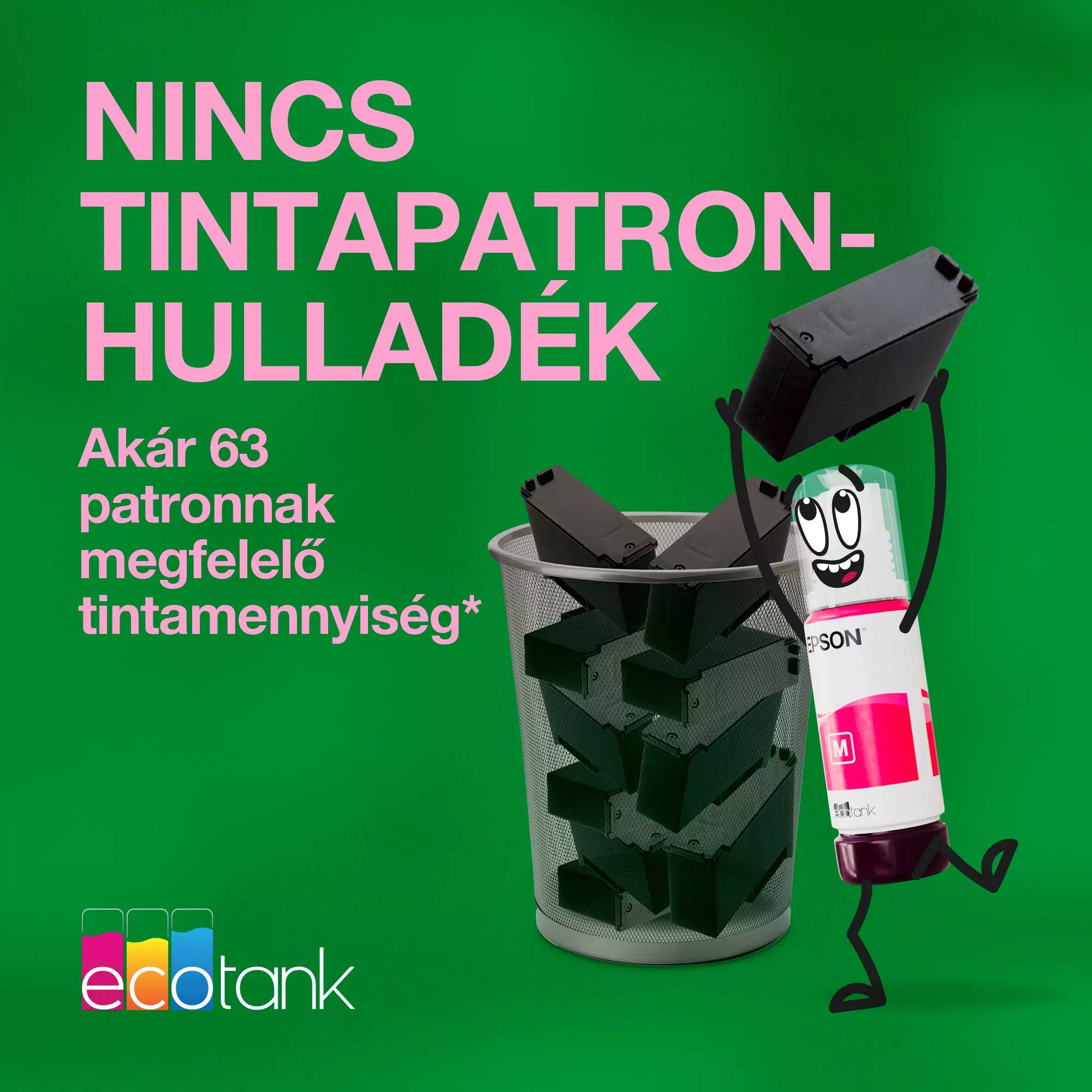 Egy nyomtatótintás rajzfilmfigura fekete tintapatronokat helyez a szemetesbe. A háttér zöld.