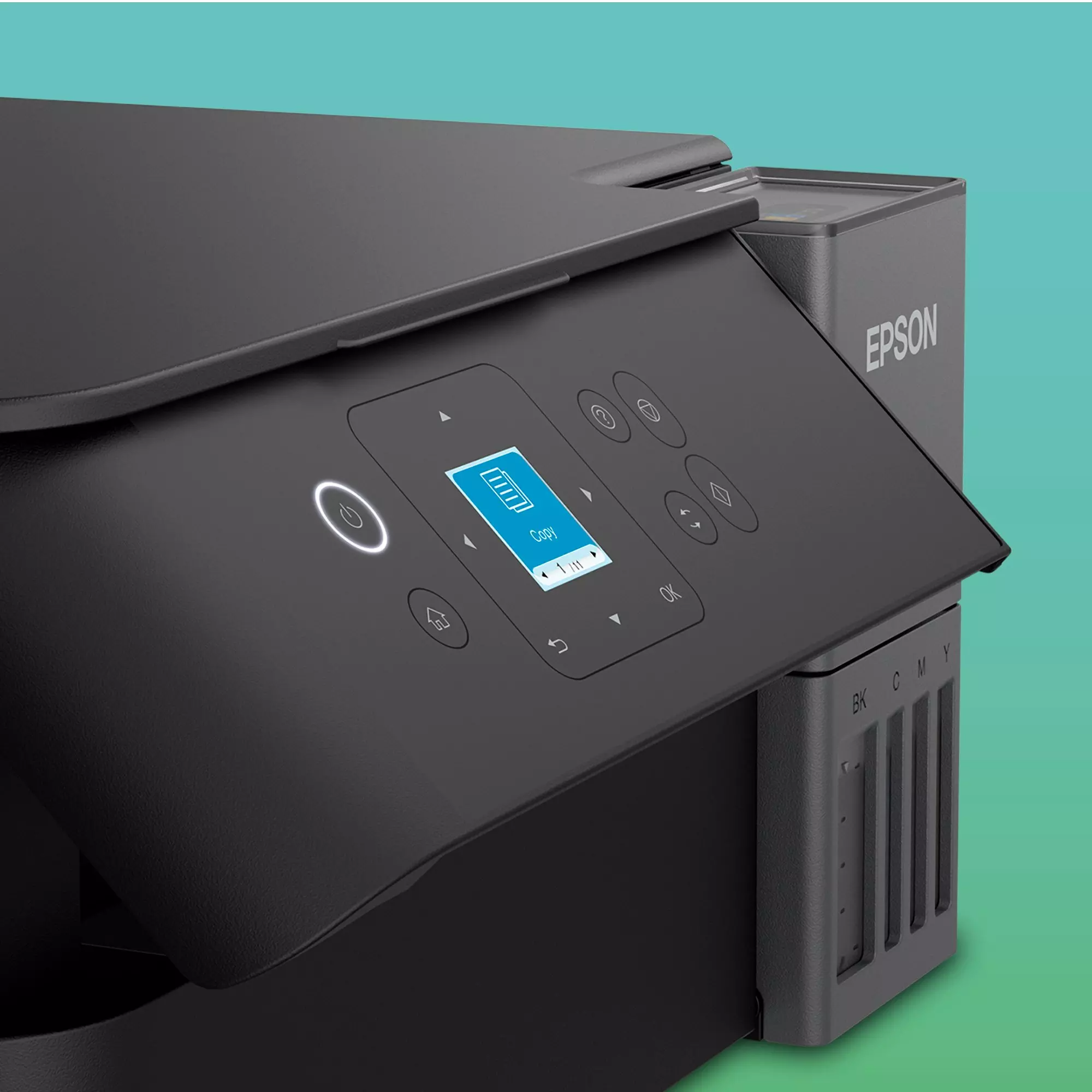 Egy fekete Epson nyomtató, melyen a másolási beállítások láthatók. A háttér zöld és kék színátmenet.