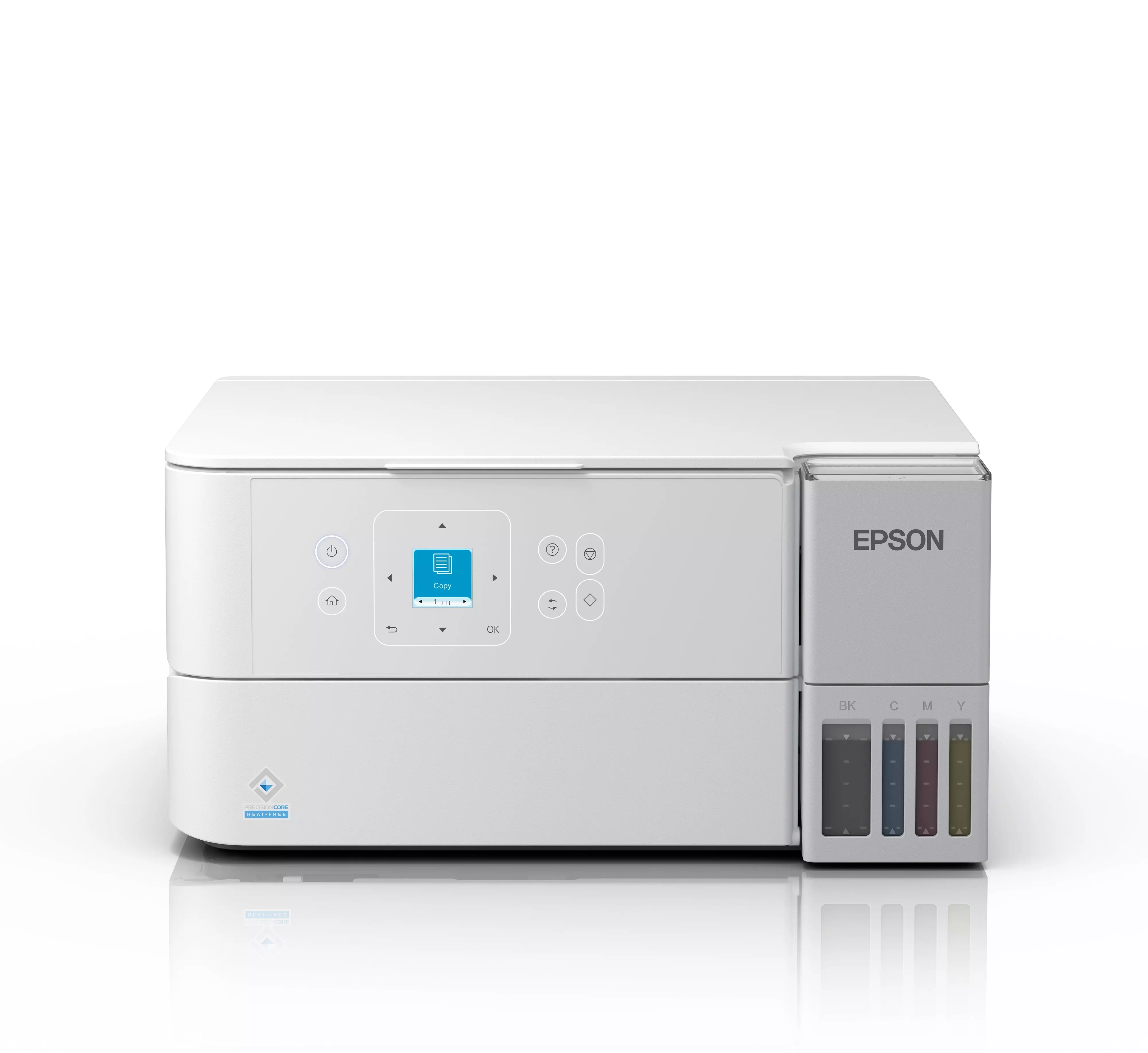 Fehér Epson nyomtató fehér felületen. Vezérlőpanellel és látható tintatartályokkal rendelkezik. Az EPSON márkanév látható.