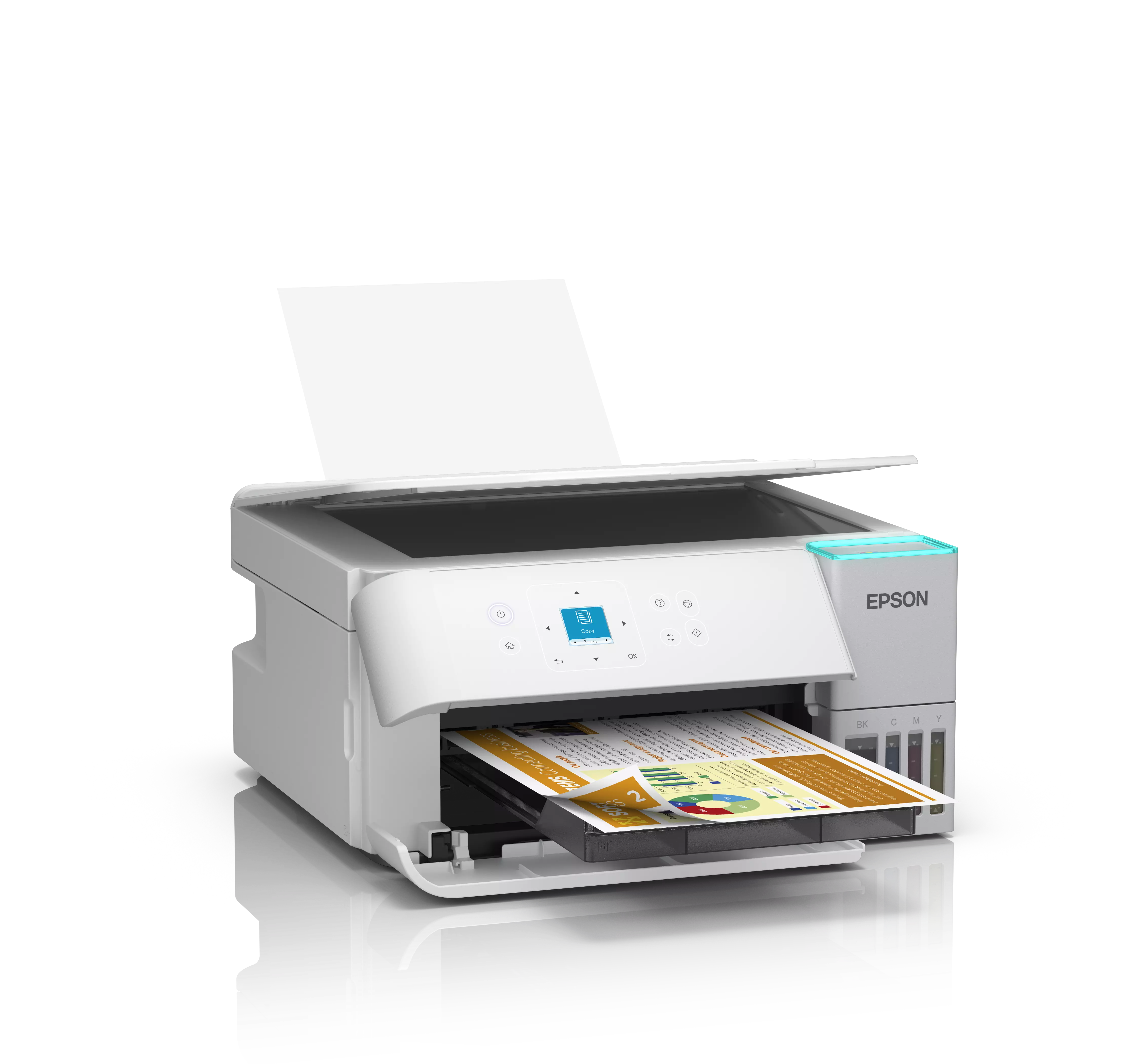 Egy fehér Epson nyomtató nyitott fedéllel dokumentumot nyomtat. Fekete háttér. A dokumentum diagramokat és szöveget tartalmaz.