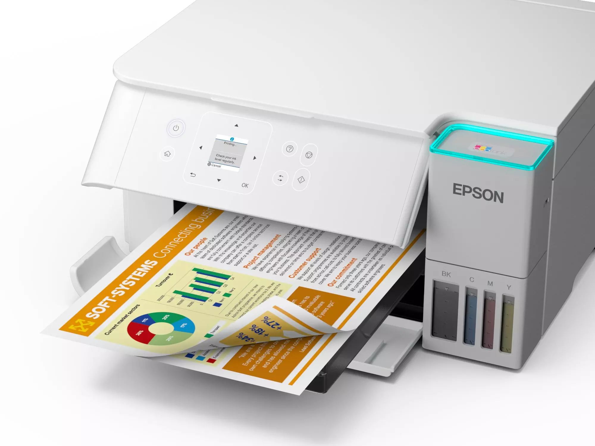 Egy Epson nyomtató diagramokat és szöveget tartalmazó dokumentumot nyomtat. A nyomtató fehér, látható fekete és színes tintatartályokkal.