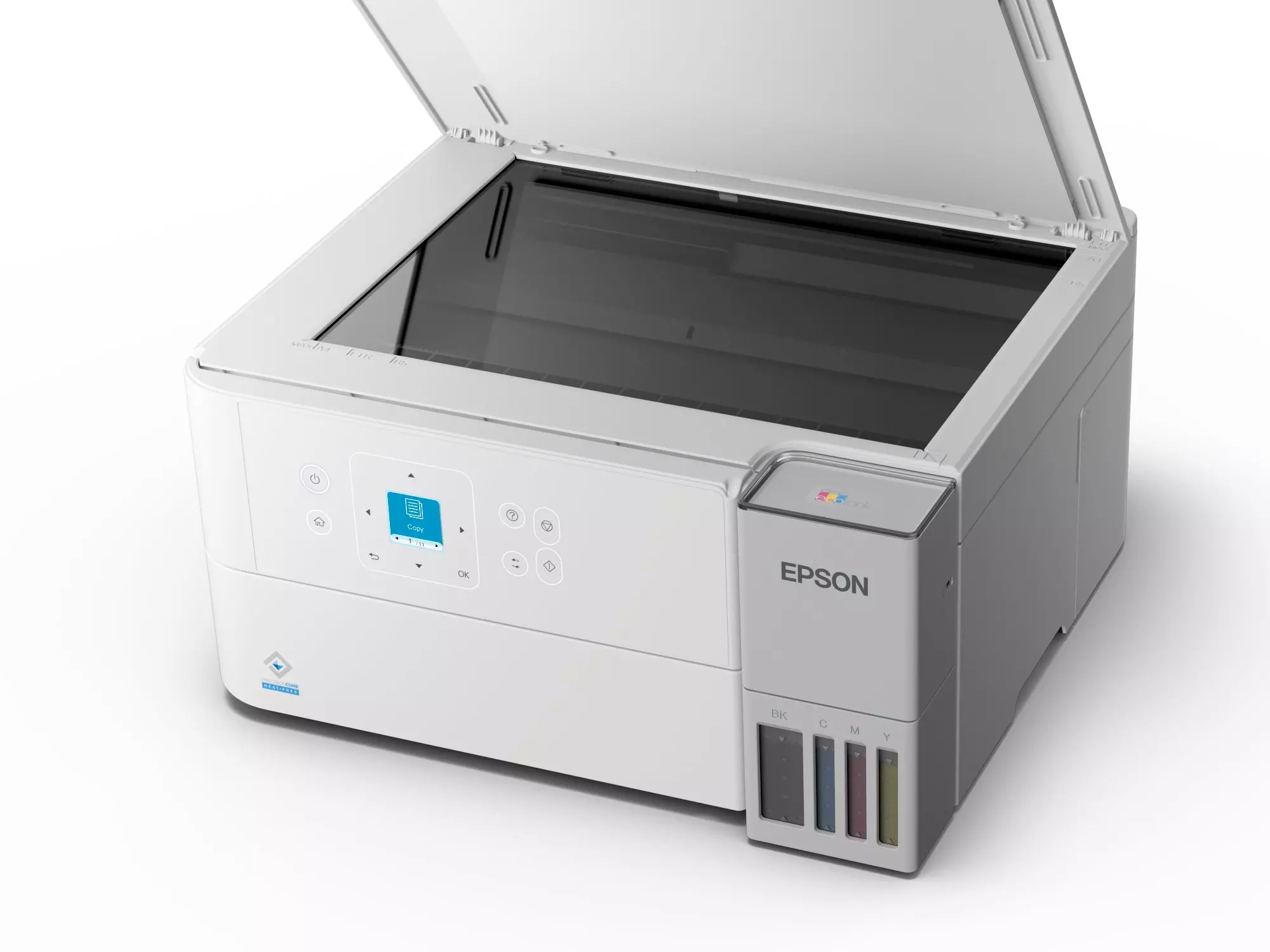 Fehér Epson nyomtató, nyitott szkennerfedéllel. A tintatartályok oldalt láthatók. A nyomtatón van egy vezérlőpanel.