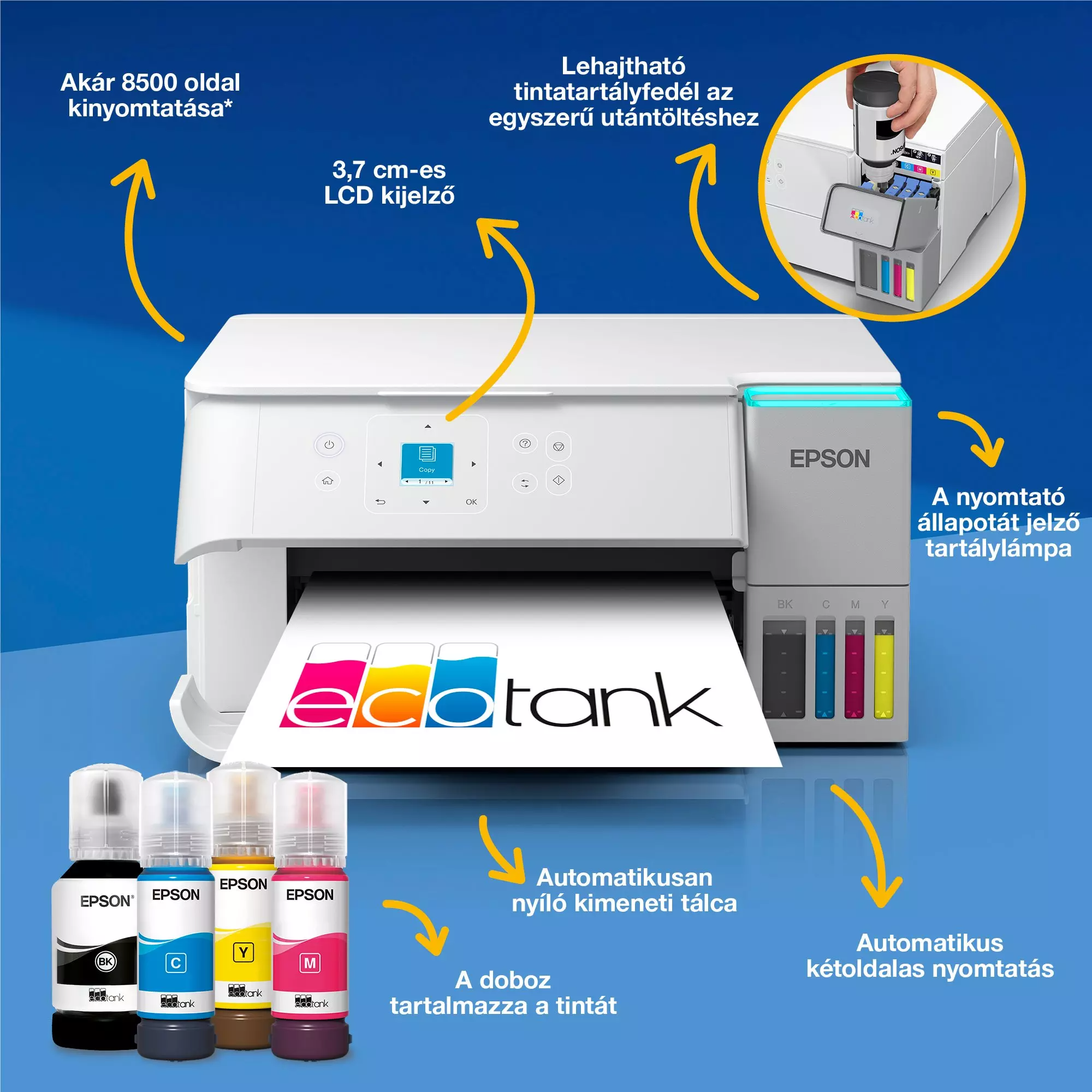 Epson EcoTank nyomtató tintásüvegekkel, LCD képernyővel és nyitott tintatartály fedéllel. Automatikus nyomtatás és tálca.