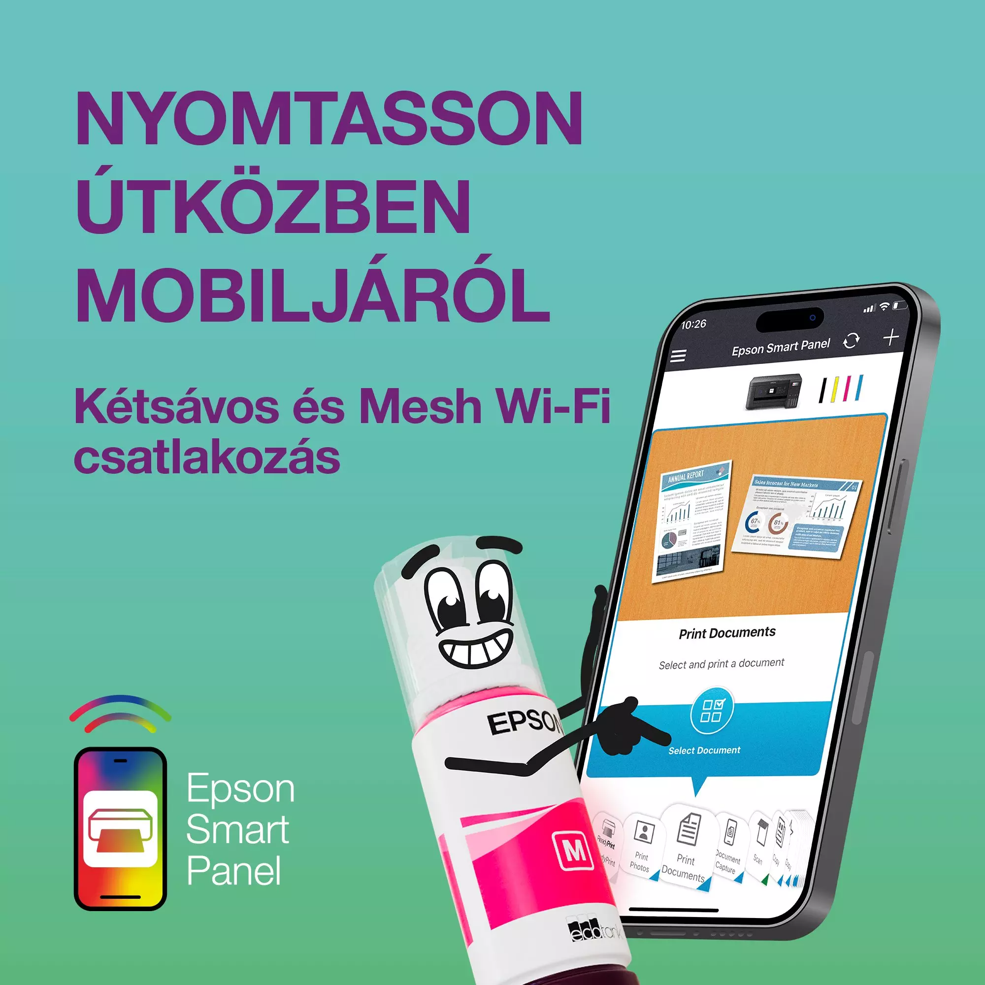 Egy Epson tintásüveg karakter egy telefonra mutat, amely az Epson Smart Panel alkalmazást jeleníti meg, dokumentum nyomtatási lehetőségekkel.
