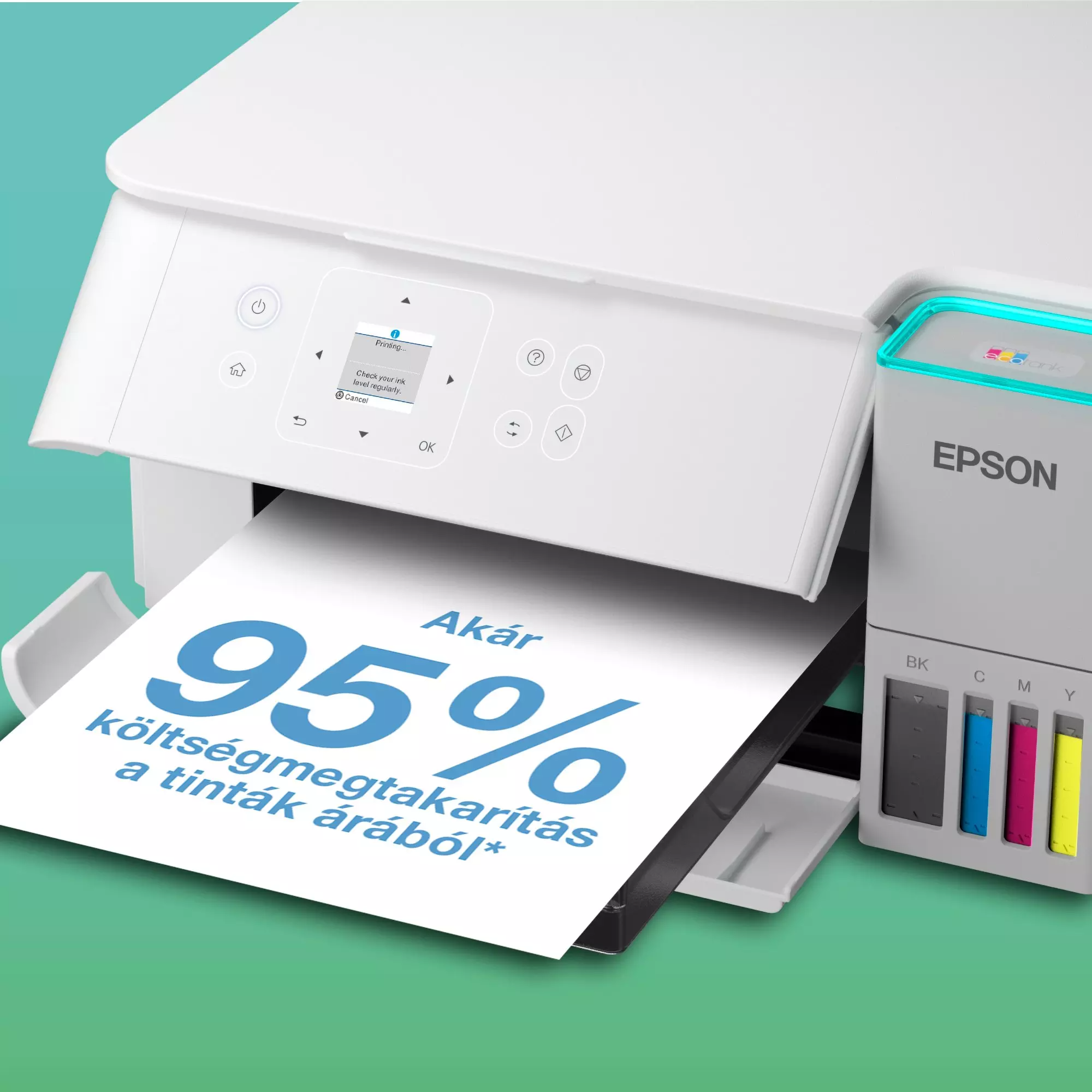 Egy fehér nyomtató '95%' szöveggel ellátott papírt nyomtat. Jobbra tintatartályok. Epson logó látható.