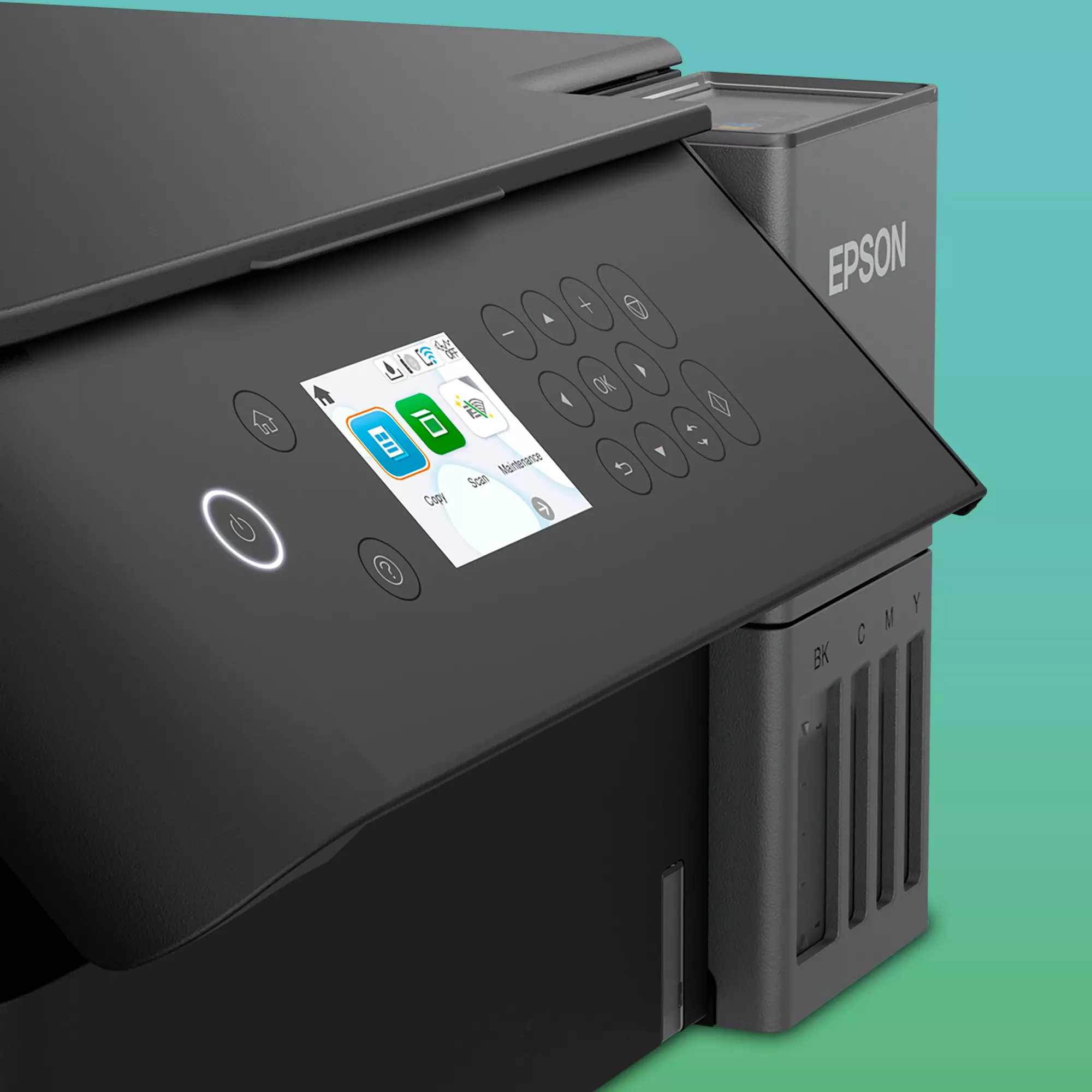 Egy fekete Epson nyomtató érintőképernyővel, ikonokkal. A bekapcsológomb világít.