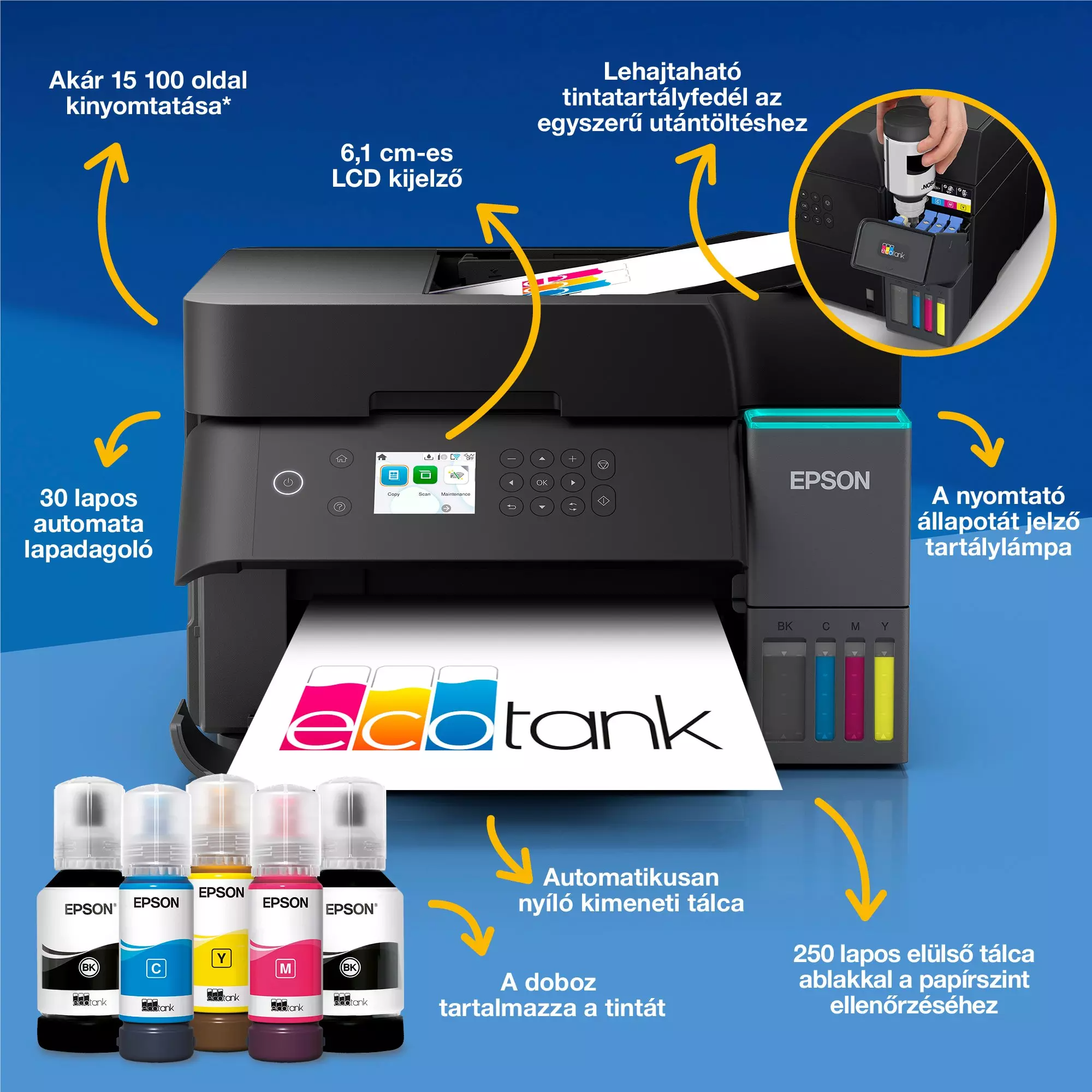 Egy Epson nyomtató tintapalackokkal, LCD képernyővel és különféle funkciókkal, otthoni vagy irodai használatra.