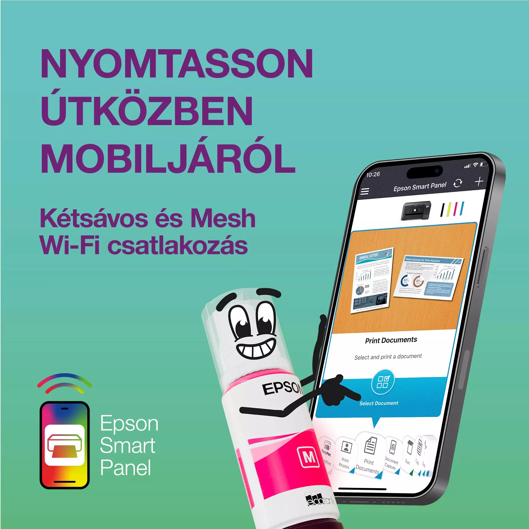 Egy mosolygó arcú Epson tintapatron egy telefont mutat, amely nyomtatási beállításokat jelenít meg. A szöveg a mobilnyomtatást népszerűsíti.