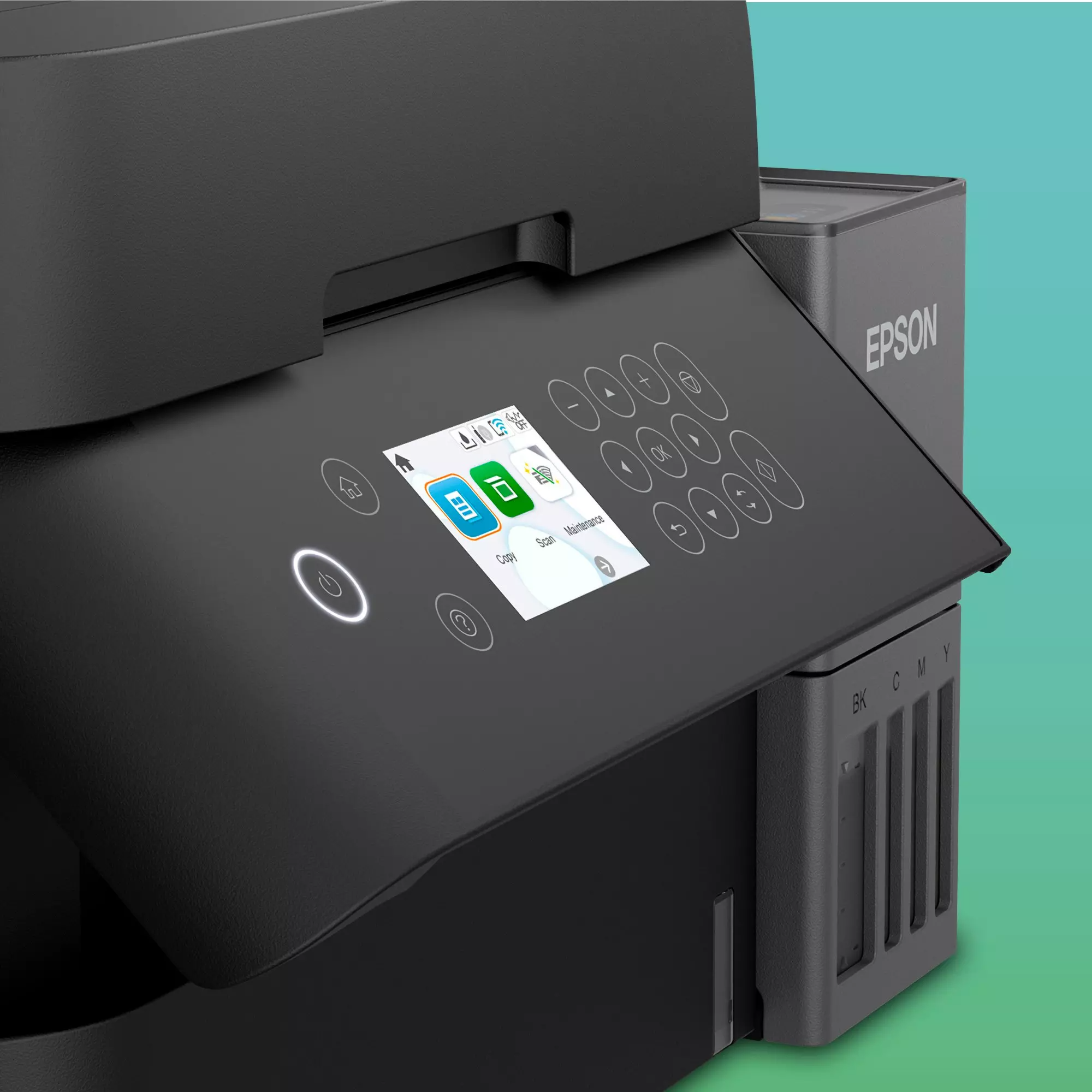 Egy fekete Epson nyomtató. A képernyő másolási és szkennelési lehetőségeket mutat. Gombok és tintapatronok láthatók.