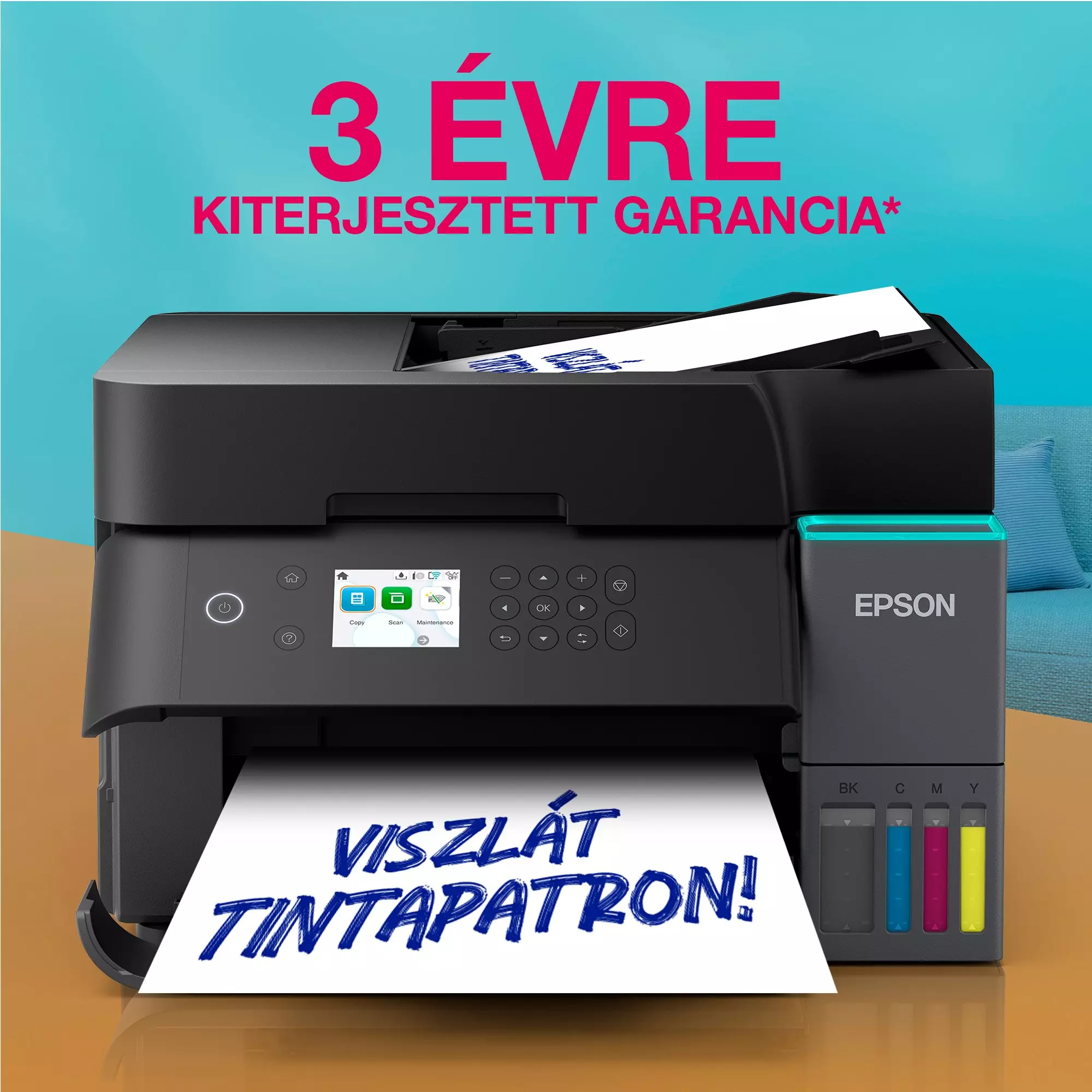 Egy Epson nyomtató 'VISZLÁT TINTAPATRON!' feliratú papírt nyomtat, 3 év kiterjesztett garanciával.