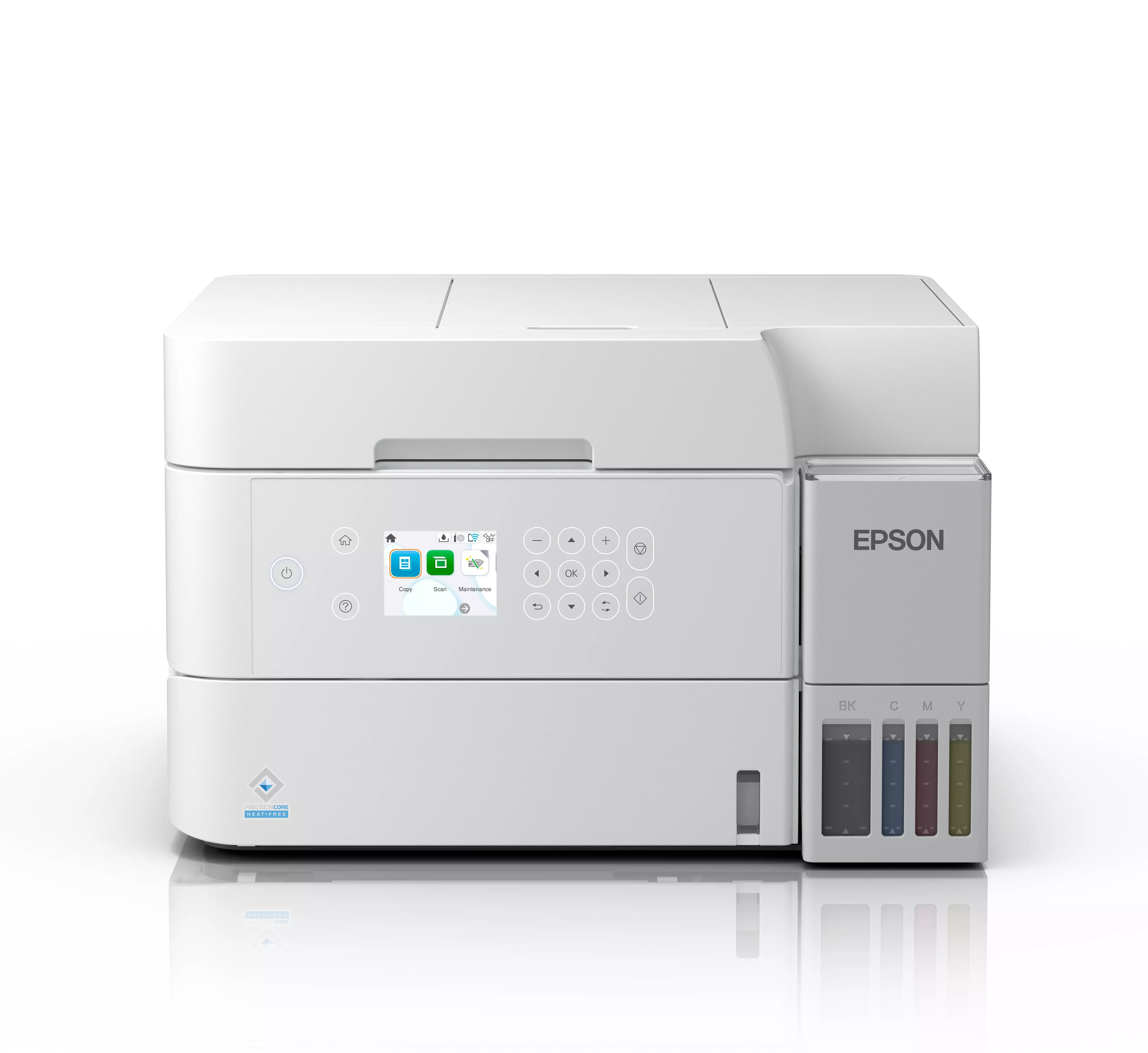 Egy fehér Epson nyomtató látható. Van rajta vezérlőpanel, tintatartályok és az Epson logója.
