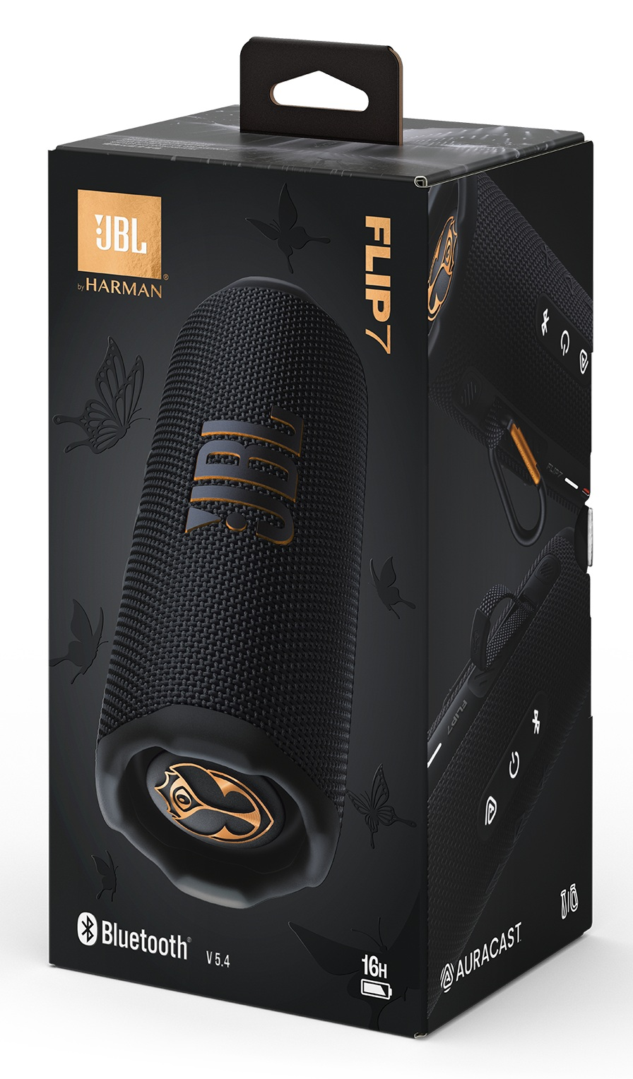 Czarne pudełko głośnika JBL Flip 7. Zawiera obraz głośnika, logo JBL, motyle i Bluetooth. Pudełko ma uchwyt i informacje o produkcie.