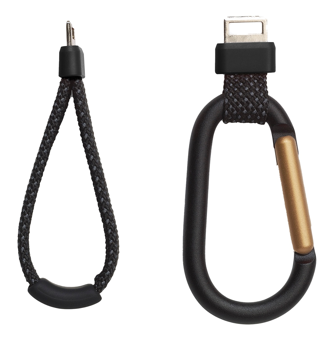 Dwa czarne zawieszki do telefonu. Jeden z plecioną pętlą, drugi z karabińczykiem. Oba mają srebrne złącza i czarne akcenty.