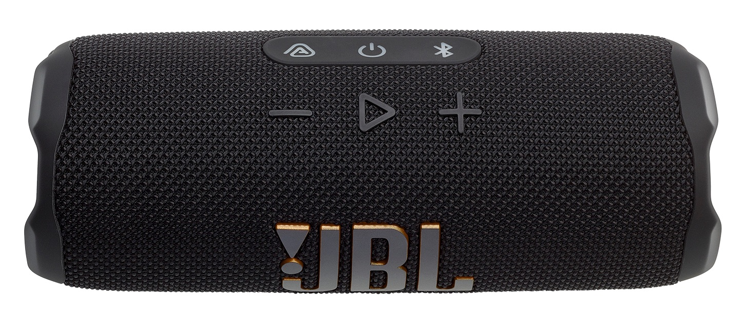Czarny głośnik JBL. Posiada przyciski, odtwarzanie/pauza, regulację głośności i Bluetooth. Logo JBL jest złote.