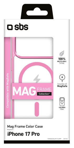 Różowe pudełko na etui do iPhone'a 17 Pro. Cechy: Mag Frame, kompatybilny z MagSafe, w 100% nadające się do recyklingu opakowanie i kolorowe krawędzie.