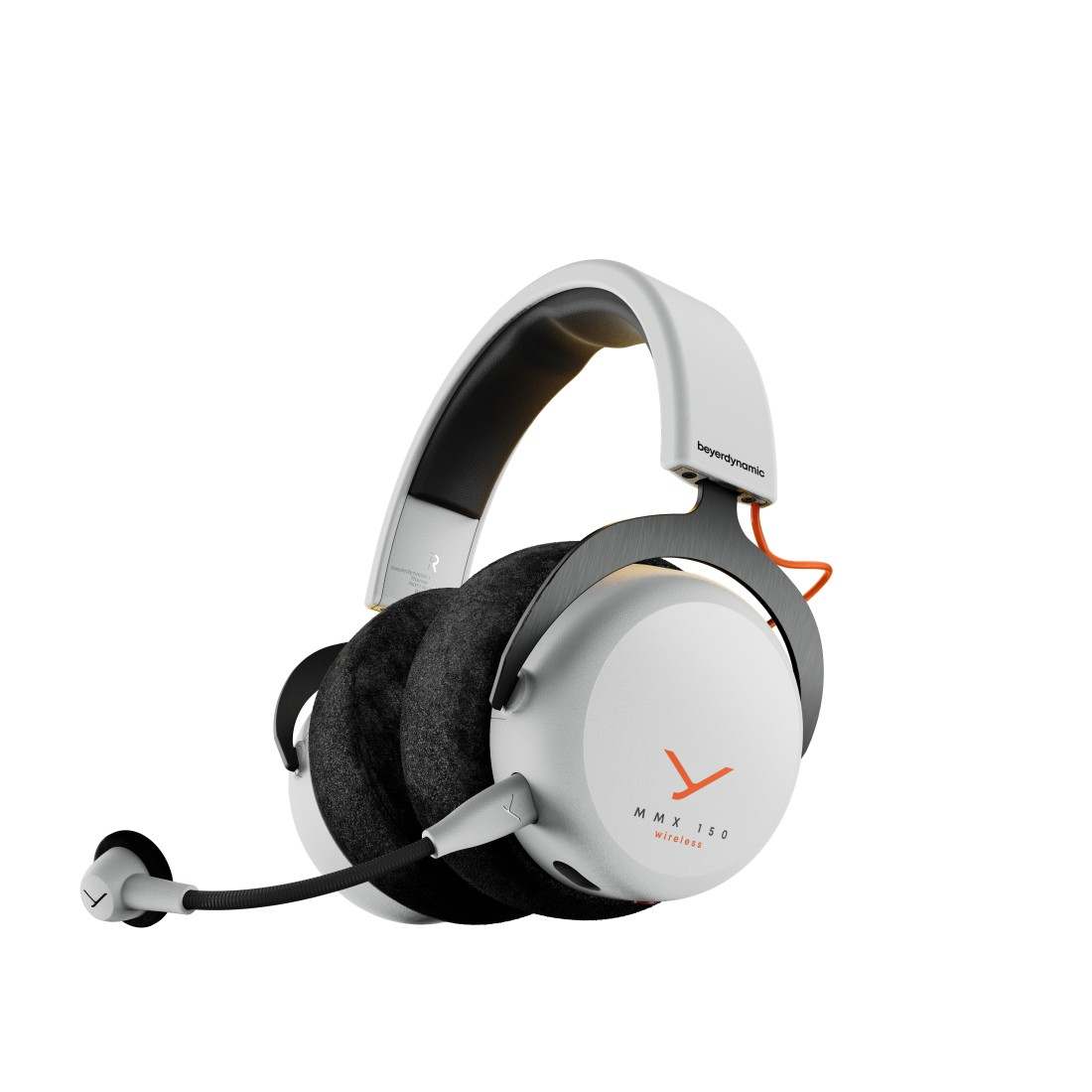 Weiße und schwarze Kopfhörer mit Mikrofon, orangefarbenen Akzenten und dem Text 'MMX 150 Wireless'. Der Markenname beyerdynamic ist sichtbar.