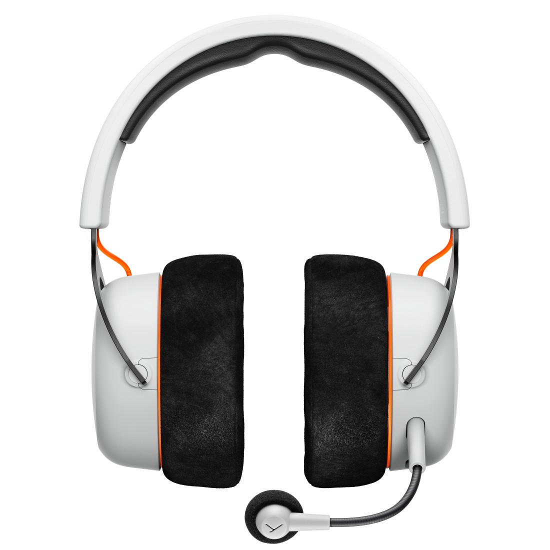 Weißes und schwarzes Gaming-Headset mit orangefarbenen Akzenten. Verfügt über große Ohrmuscheln, ein Mikrofon und ein gepolstertes Kopfband.