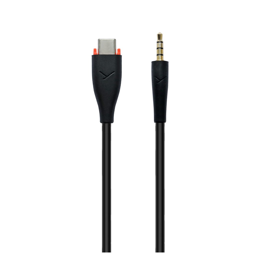 Zwei schwarze Kabel mit Steckern. Eines ist USB-C, das andere ein 3,5-mm-Klinkenstecker. Beide haben ein Logo auf den schwarzen Enden.
