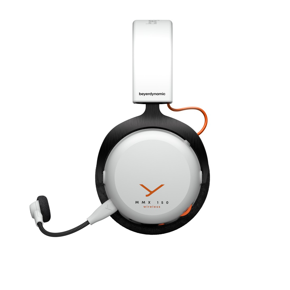 Weiß-schwarzes drahtloses Headset mit orangefarbenen Akzenten. Mit Mikrofonarm und der Marke 'beyerdynamic'.