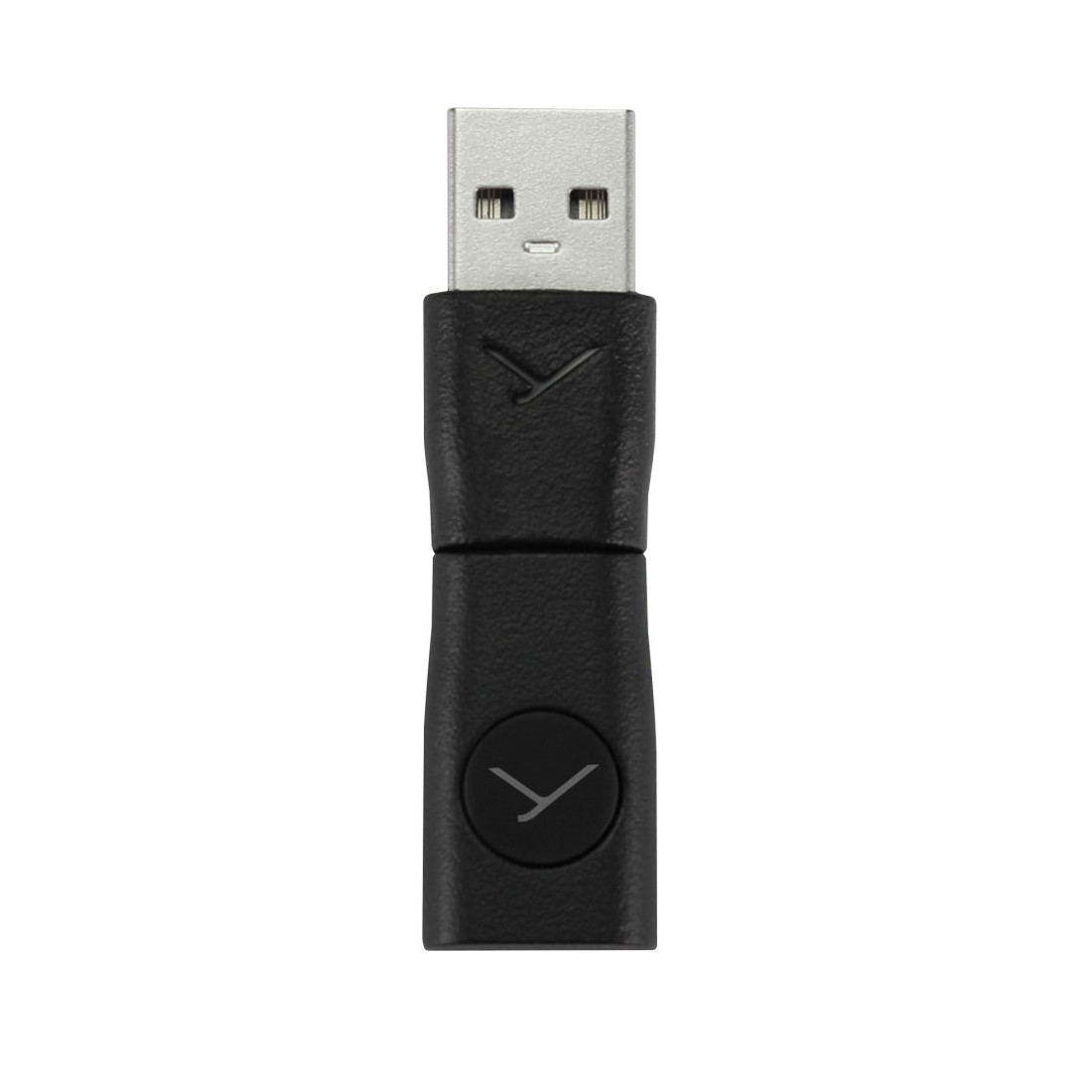 Ein schwarzer USB-Adapter mit einem silbernen USB-Anschluss. Der Adapter hat eine strukturierte Oberfläche und ein Logo.
