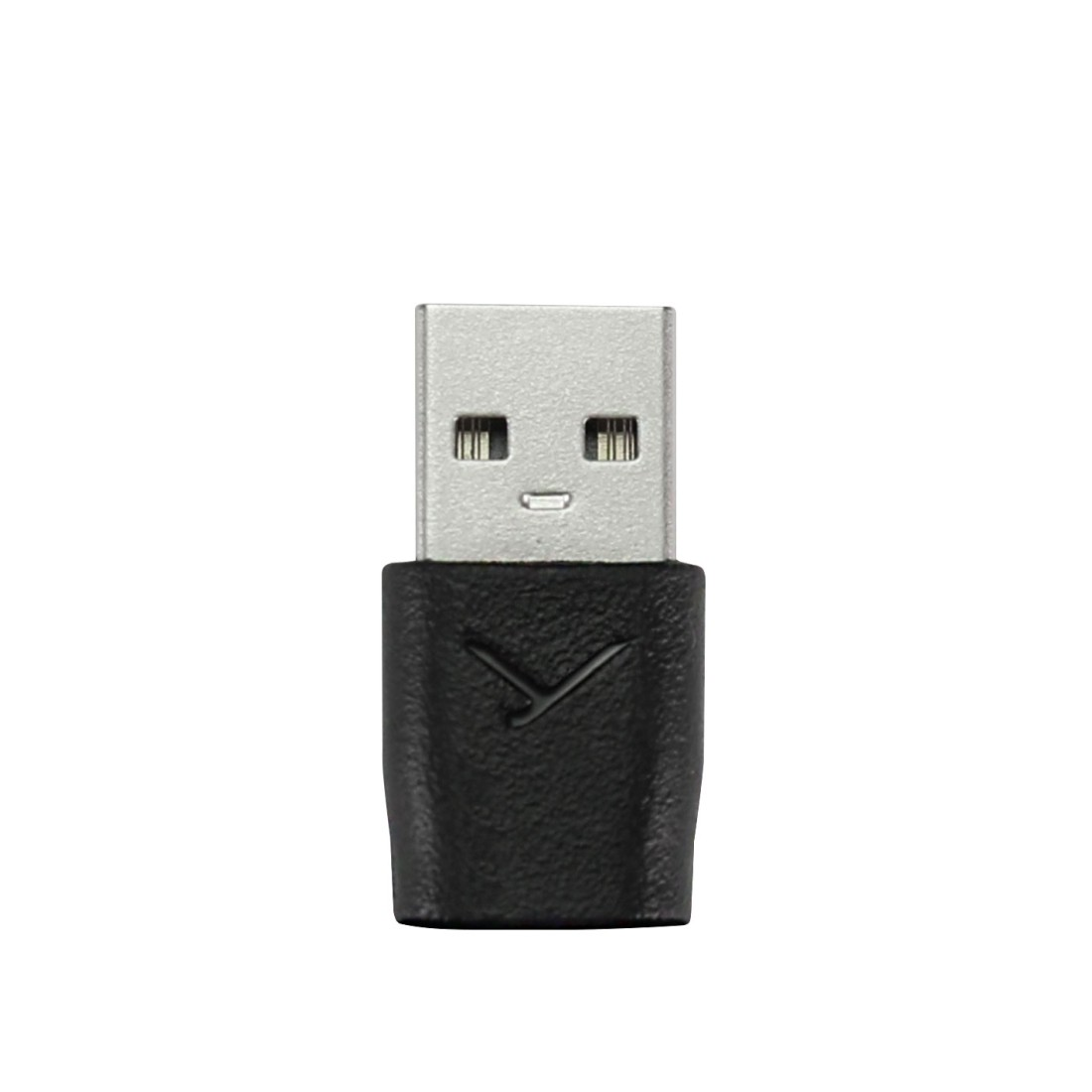 Ein schwarzer USB-Adapter vor weißem Hintergrund. Der Adapter hat einen silbernen USB-Anschluss und einen schwarzen Körper mit Logo.