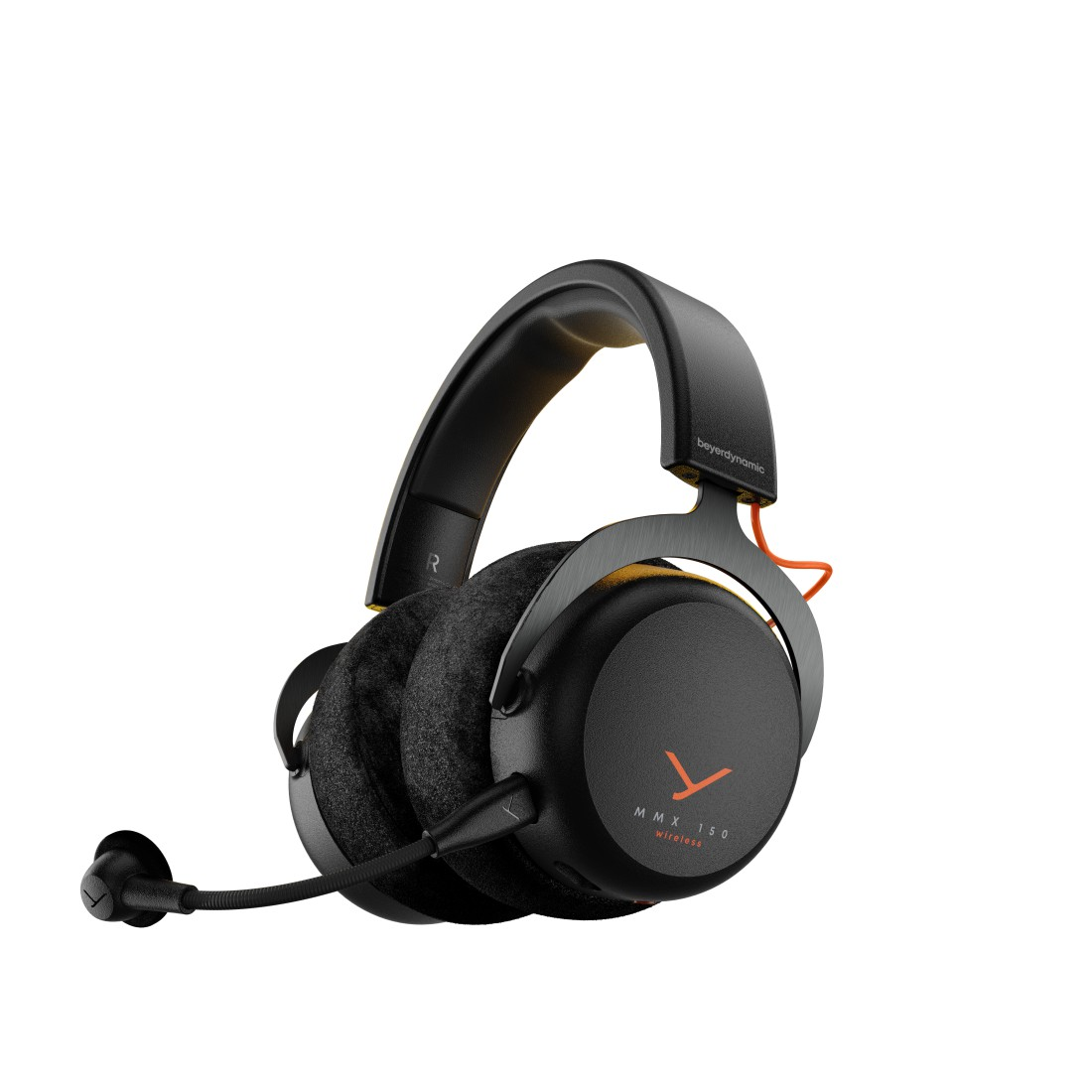 Schwarze Beyerdynamic MMX 150 kabellose Kopfhörer mit Bügelmikrofon. Orangefarbene Akzente an den Ohrmuscheln und weißer Hintergrund.