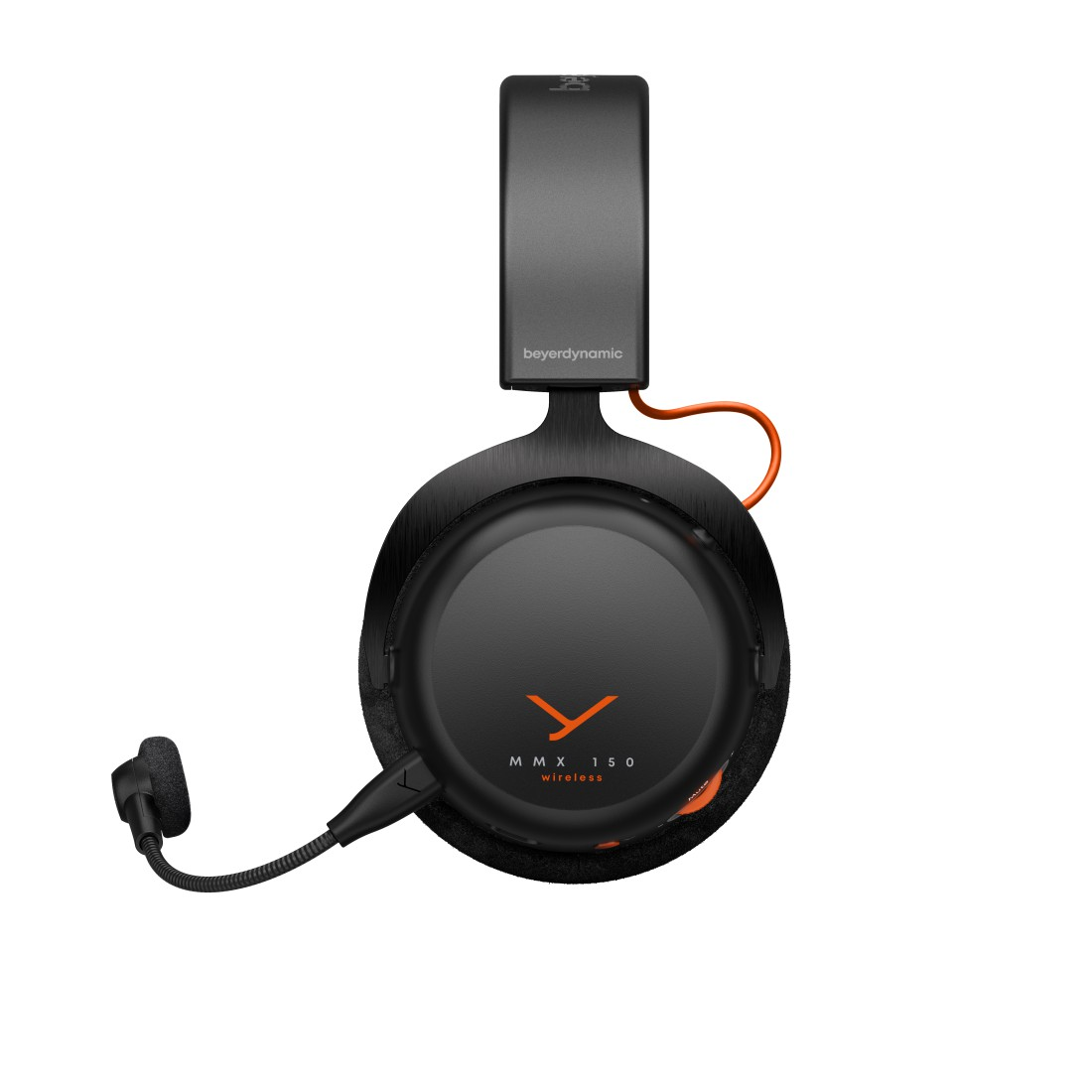 Schwarzes Beyerdynamic MMX 150 Wireless-Headset. Es hat ein Mikrofon, orangefarbene Akzente und ist vor weißem Hintergrund.