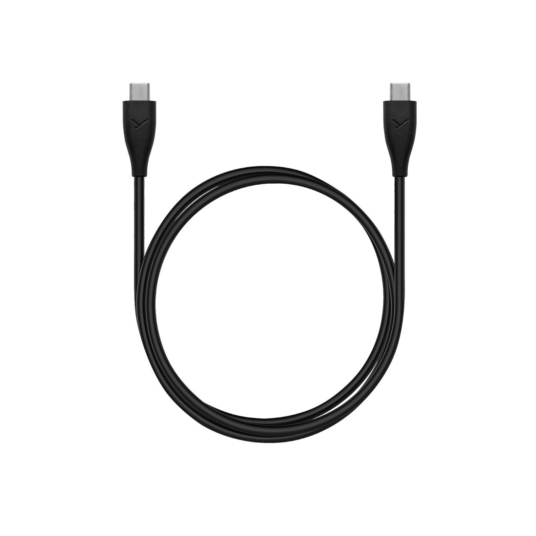 Ein schwarzes USB-C-Kabel mit zwei Steckern an jedem Ende, das eine U-Form bildet. Der Hintergrund ist schlicht weiß.