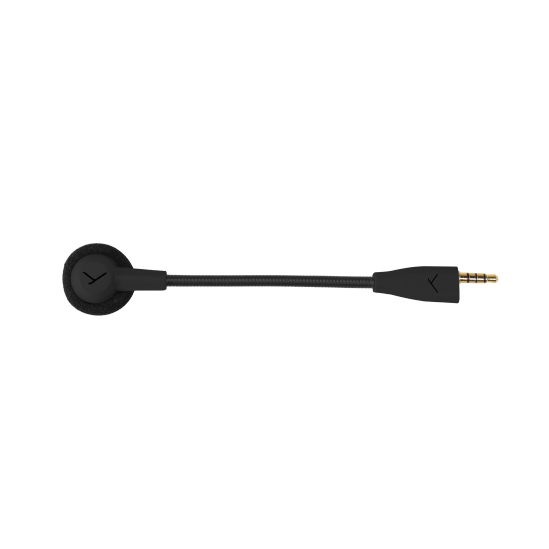 Ein schwarzes Mikrofon mit flexiblem Arm und 3,5-mm-Klinke. Das Mikrofon hat einen runden Kopf mit einem Logo. Weißer Hintergrund.