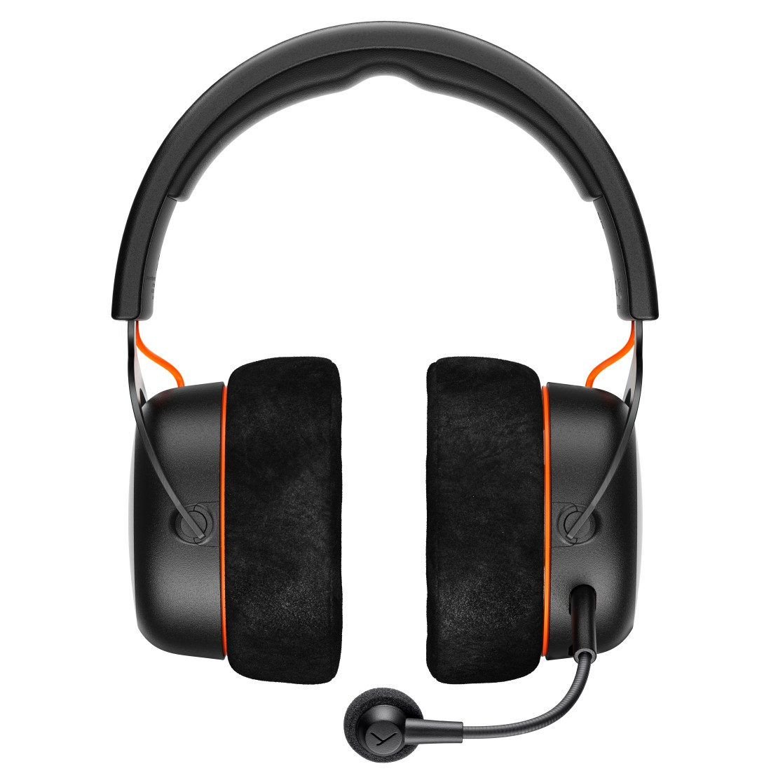 Schwarzes und oranges Gaming-Headset. Verfügt über große Ohrmuscheln, ein gepolstertes Kopfband und einen flexiblen Mikrofonarm. Isoliert auf weißem Hintergrund.