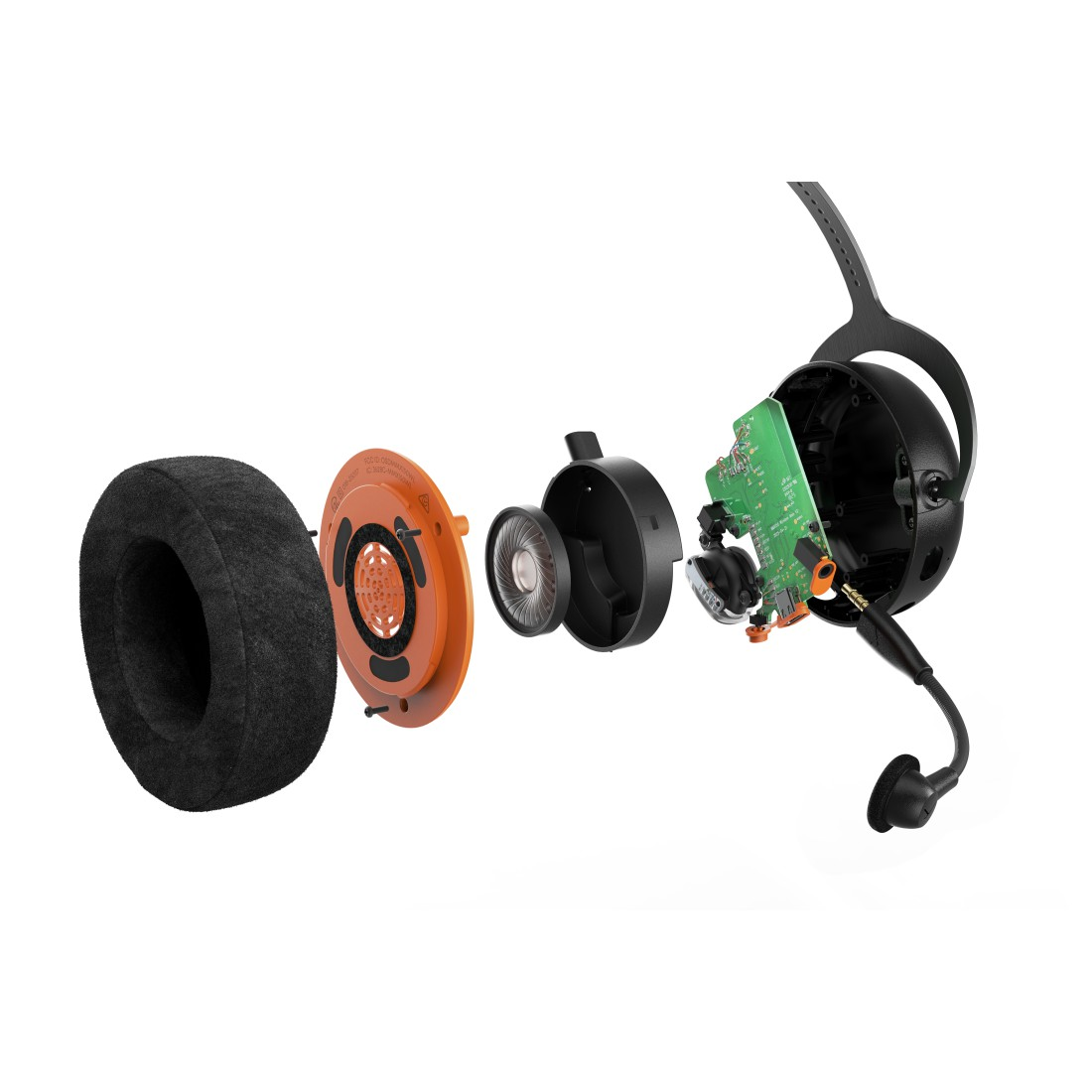Explodierte Ansicht eines schwarzen und orangefarbenen Headsets. Zu den Komponenten gehören Ohrpolster, Lautsprecher, Leiterplatte und Mikrofon.