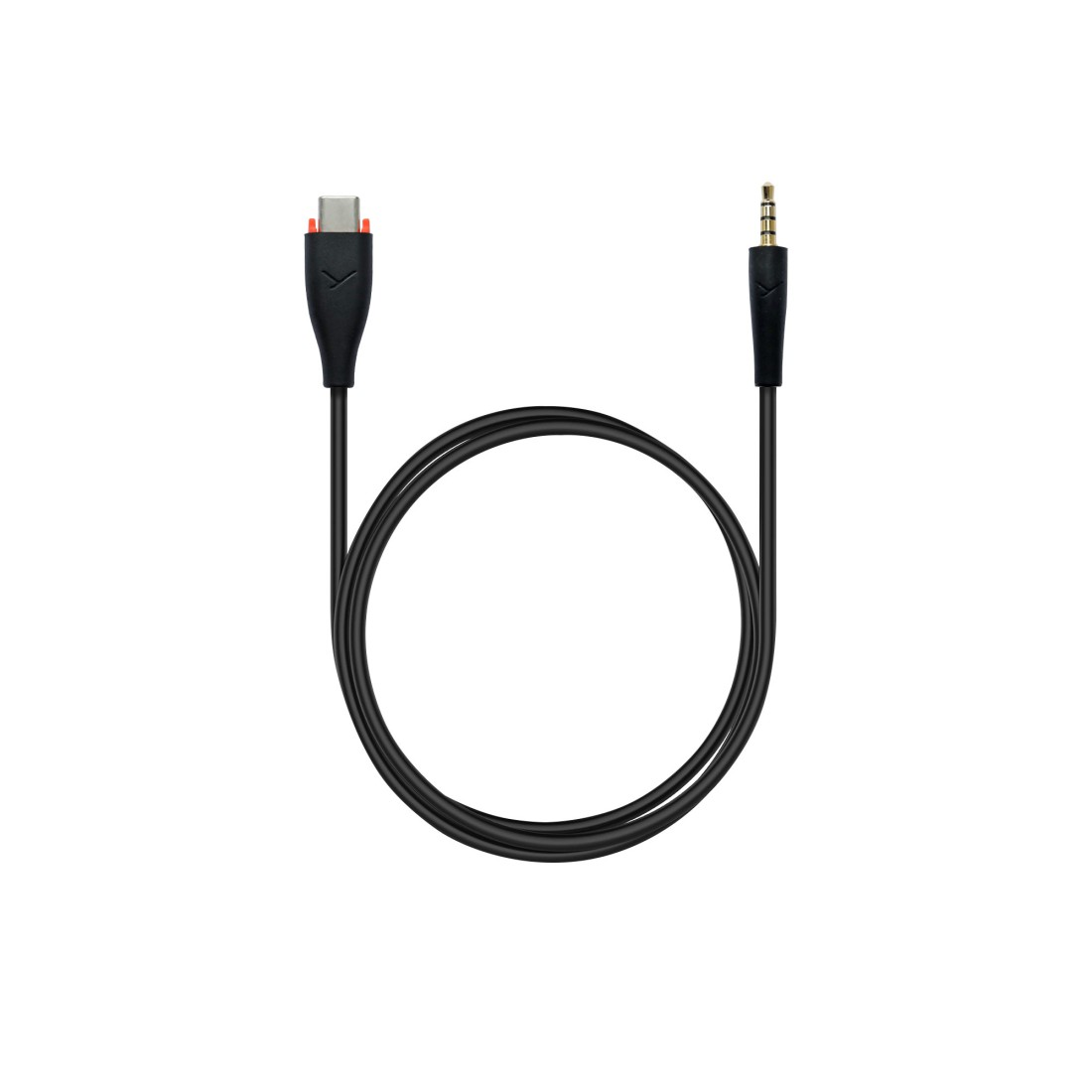 Ein schwarzes Audiokabel mit einem USB-C-Anschluss an einem Ende und einer 3,5-mm-Buchse am anderen. Das Kabel ist gebogen, vor weißem Hintergrund.