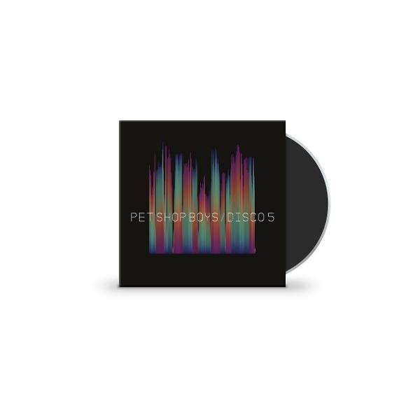 CD-album borítója, fekete háttéren különböző színű függőleges vonalak, jobbra CD-vel. A szöveg: 'PET SHOP BOYS / DISCO 5'.