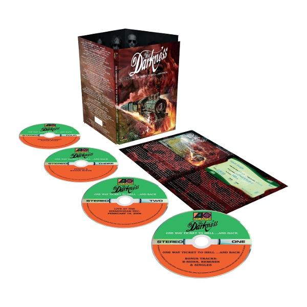 A 'The Darkness' CD-box-szettje több CD-vel, egy füzettel és egy dobozzal, amely a zenekar tagjait és az album borítóját ábrázolja.