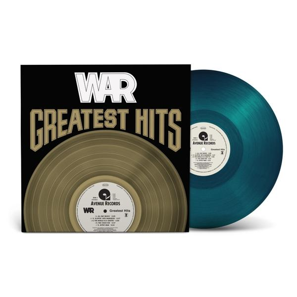 A WAR Greatest Hits album borítója aranylemezcel és egy kék bakelit lemezzel mellette.