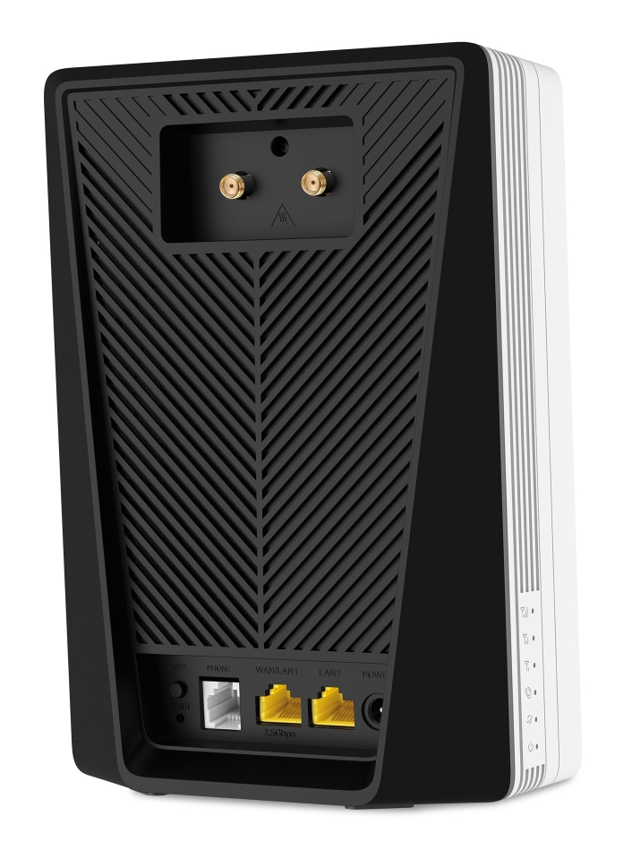 Widok z tyłu czarno-białego routera. Posiada anteny, porty LAN, WAN, telefon, zasilanie i reset.