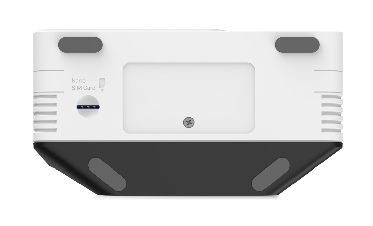 Biało-czarne urządzenie. Posiada gniazdo karty nano SIM, śrubę i szare podkładki. Urządzenie znajduje się na białym tle.
