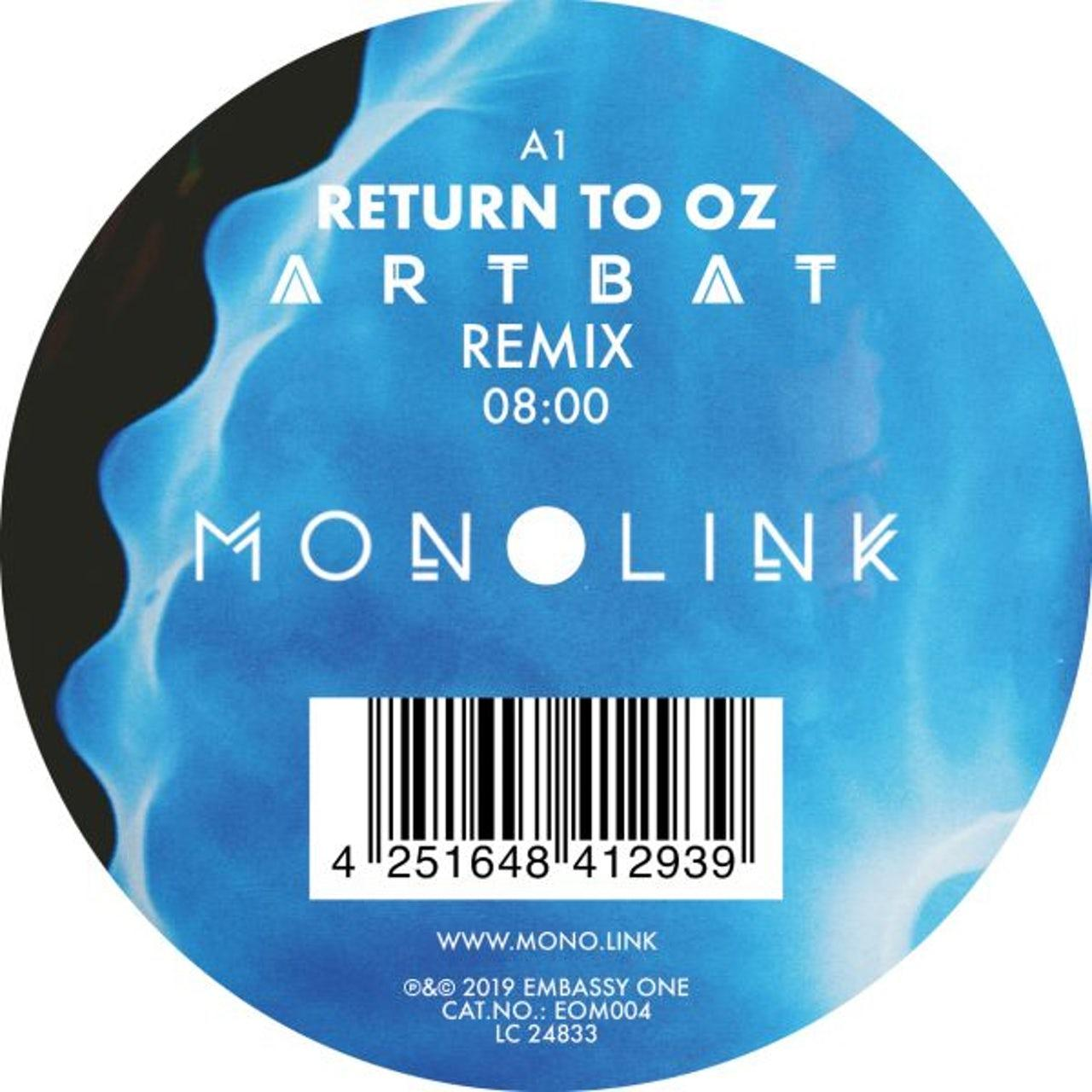 Blaue Schallplatte mit weißem Text: 'RETURN TO OZ ARTBAT REMIX', 'MONOLINK', Barcode und Website-Adresse.
