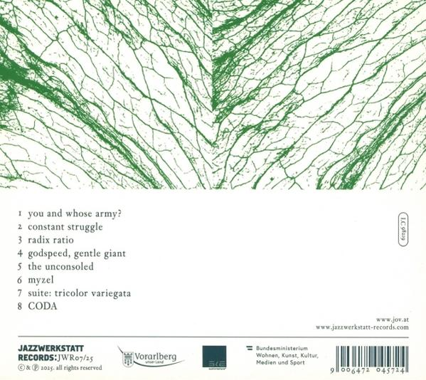 CD-Cover mit grünem Blattdesign. Text enthält Songtitel, Plattenlabel und Kontaktinformationen. Barcode unten.