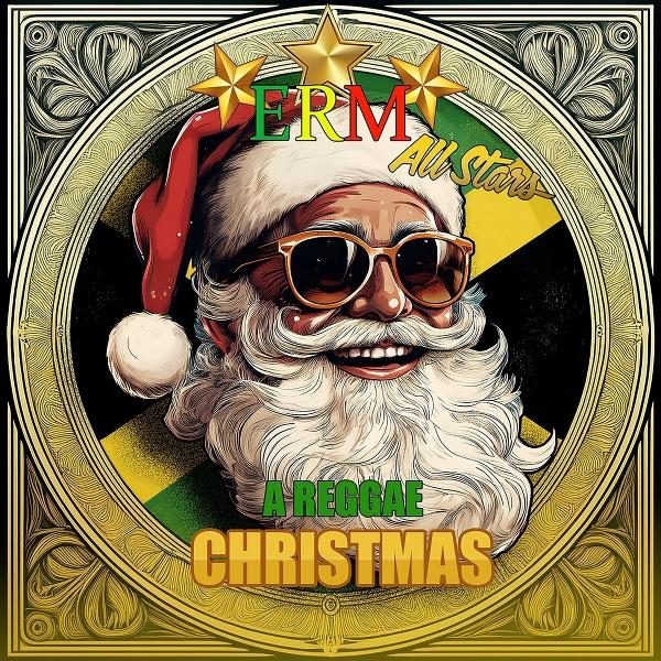 Weihnachtsmann mit Sonnenbrille, weißem Bart und roter Mütze mit dem Text 'A Reggae Christmas'.