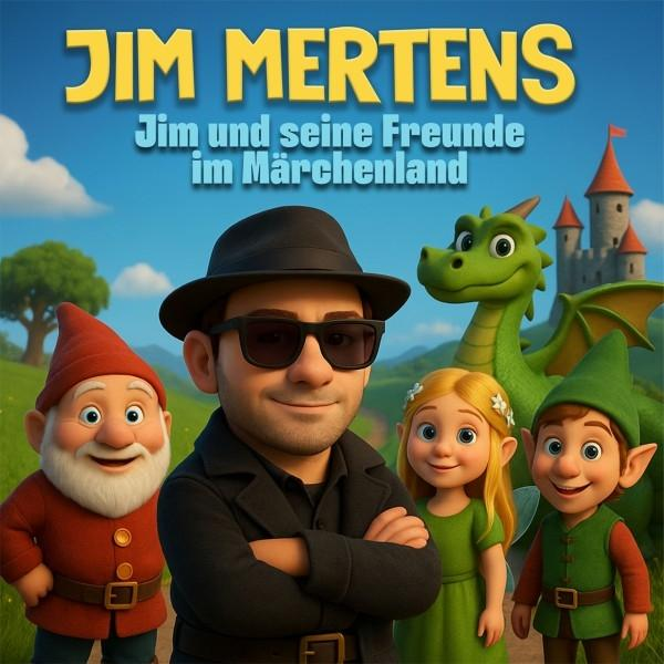 Jim Mertens mit Freunden, einem Zwerg, einem Mädchen und einem Elf, mit einem grünen Drachen, Schloss und blauem Himmel im Hintergrund.