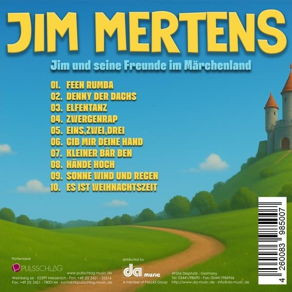 CD-Cover mit dem Titel 'Jim Mertens'. Enthält eine Burgillustration, Titelliste und Musiklabel-Details. Blauer Himmel im Hintergrund.