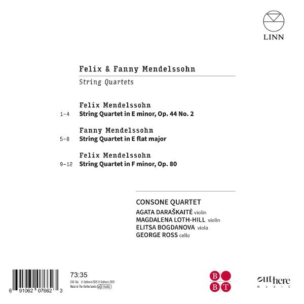 Albumcover mit Text: Felix & Fanny Mendelssohn Streichquartette. Enthält Informationen über das Consone Quartett und einen Barcode.