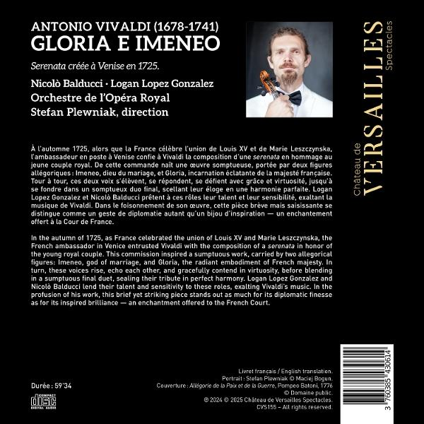 CD-Cover. Titel: Gloria e Imeneo. Enthält ein Porträt eines Mannes mit Geige und Text über die Oper.