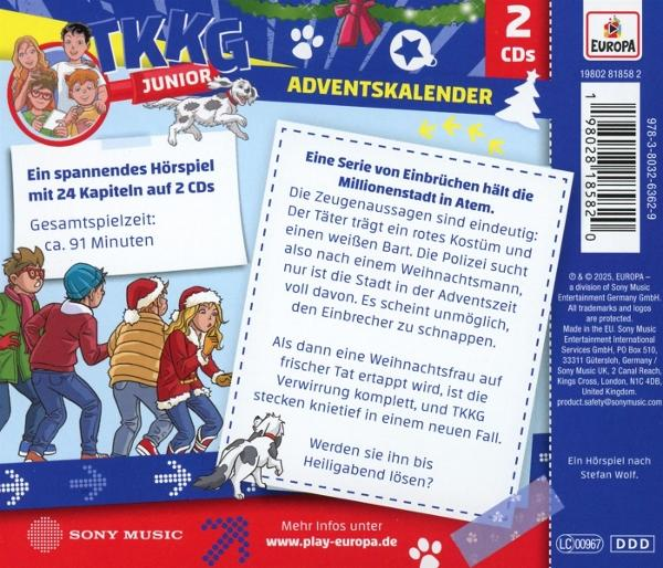 Cover eines TKKG Junior Adventskalenders. Es zeigt Charaktere, einen Hund, Text und das EUROPA-Logo.