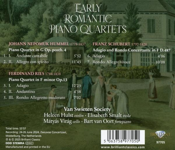 CD-Cover mit Text: Early Romantic Piano Quartets. Mit den Komponisten Hummel, Schubert und Ries. Kunstwerk zeigt Figuren in einem Garten.